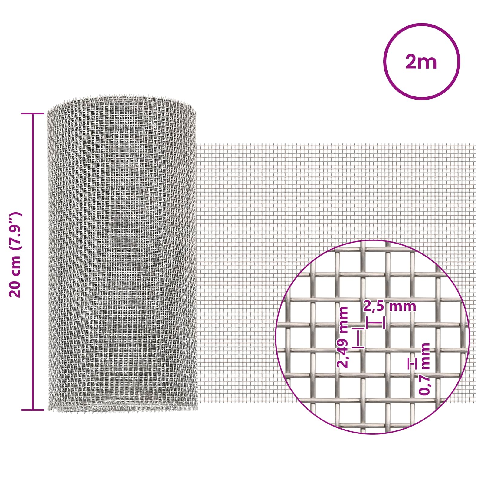 Mesh Bildschirm 20 x 200 cm 8 Mesh Edelstahl 201 Silber