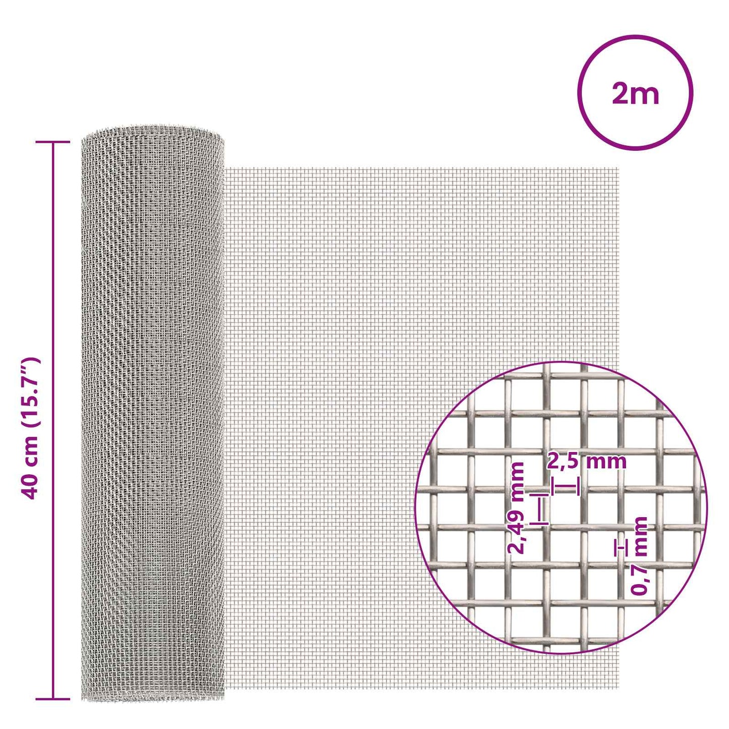Mesh Bildschirm 40 x 200 cm 8 Mesh Edelstahl 201 Silber