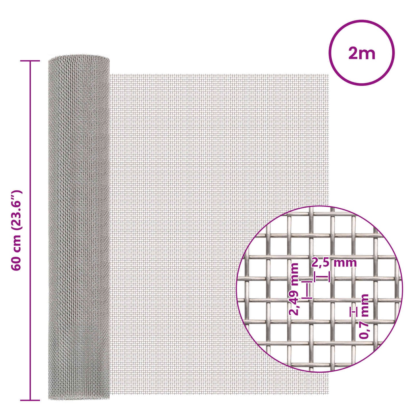 Mesh Bildschirm 60 x 200 cm 8 Mesh Edelstahl 201 Silber