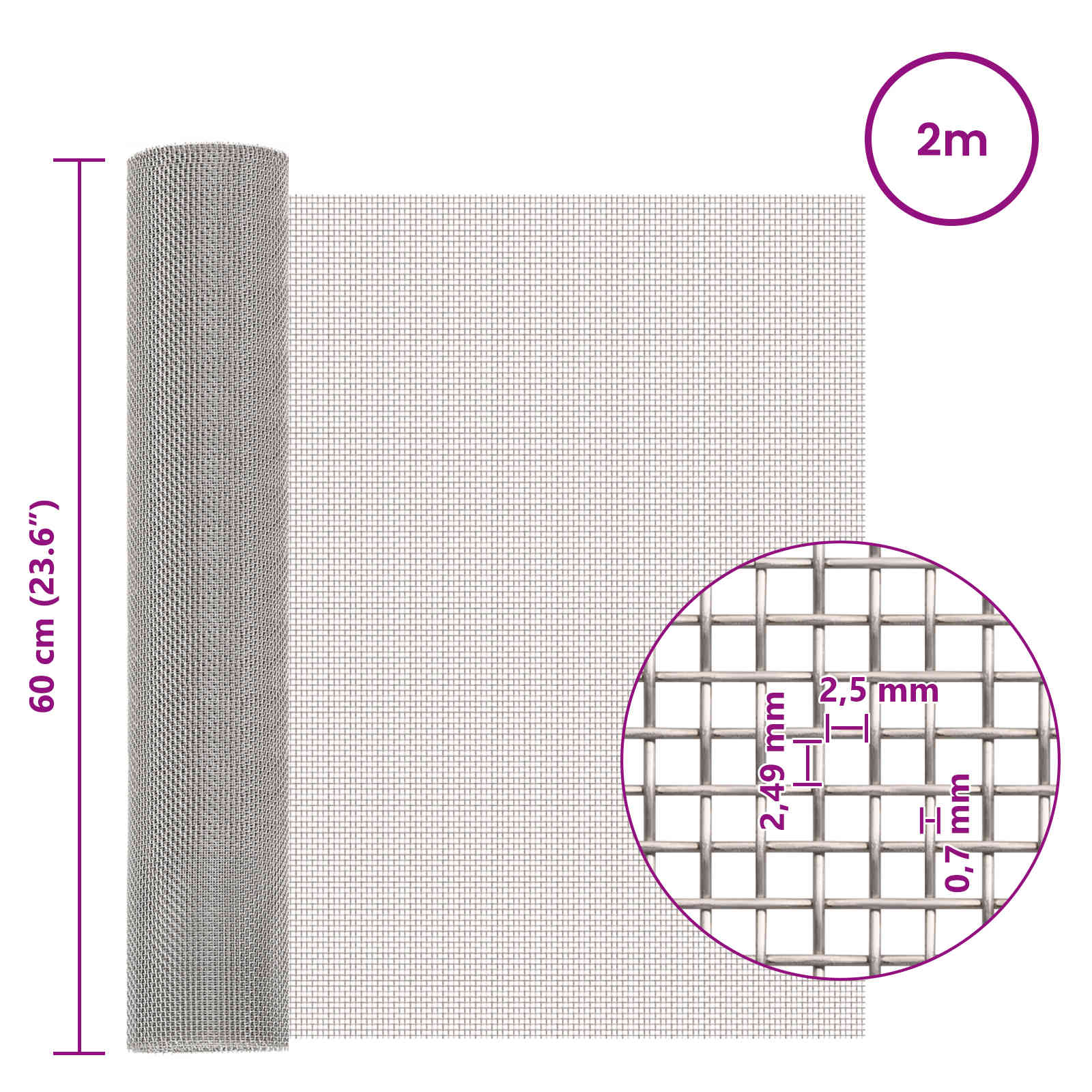 Mesh Bildschirm 60 x 200 cm 8 Mesh Edelstahl 201 Silber