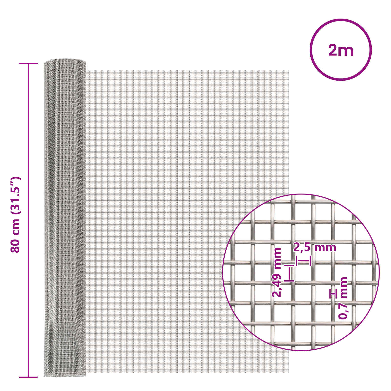 Mesh Bildschirm 80 x 200 cm 8 Mesh Edelstahl 201 Silber