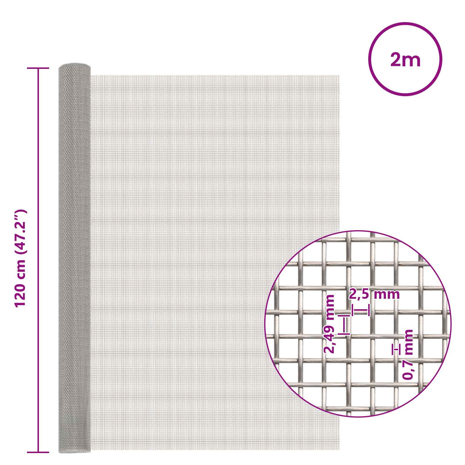 Mesh Bildschirm 120 x 200 cm 8 Mesh Edelstahl 201 Silber