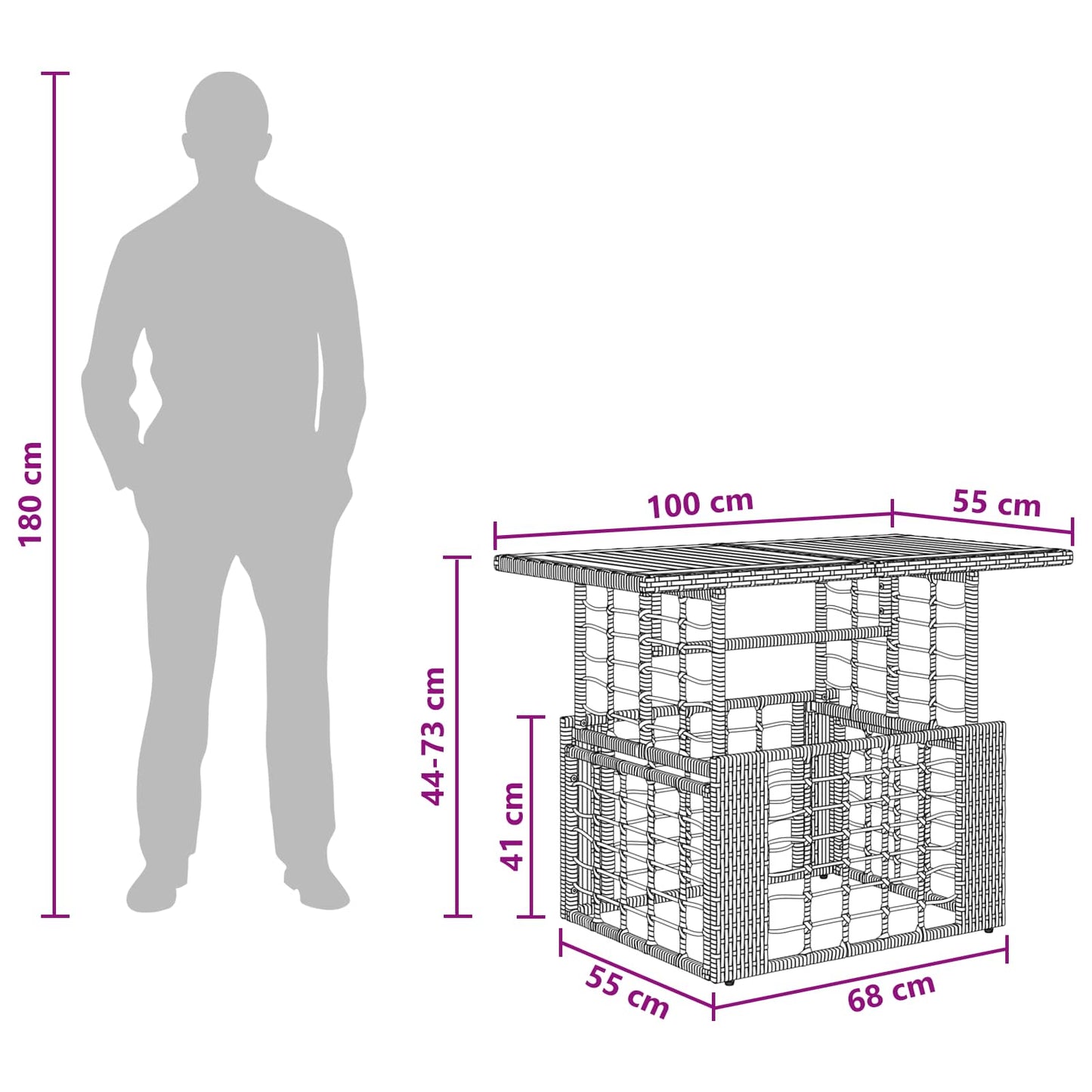 Garten Lifting Up Tisch Schwarz und Natur 100 x 55 x 37 cm