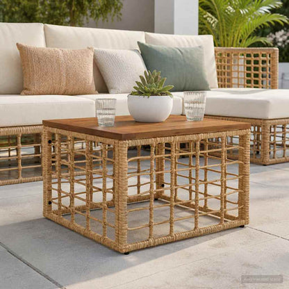 Gartentisch Natur 55 x 55 x 37 cm PE Rattan und Glas