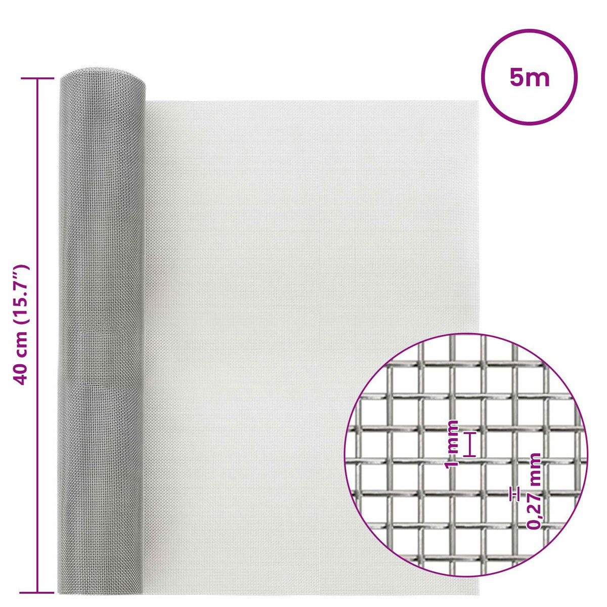 Mesh Bildschirm 40 x 500 cm 20 Mesh Edelstahl 201 Silber