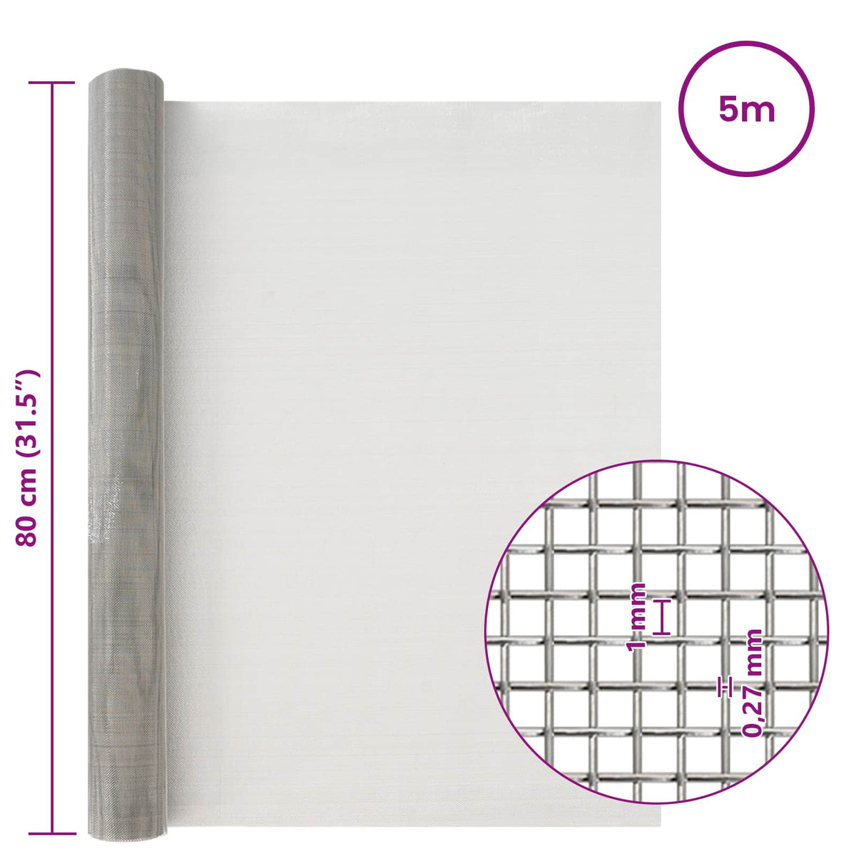 Mesh Bildschirm 80 x 500 cm 20 Mesh Edelstahl 201 Silber
