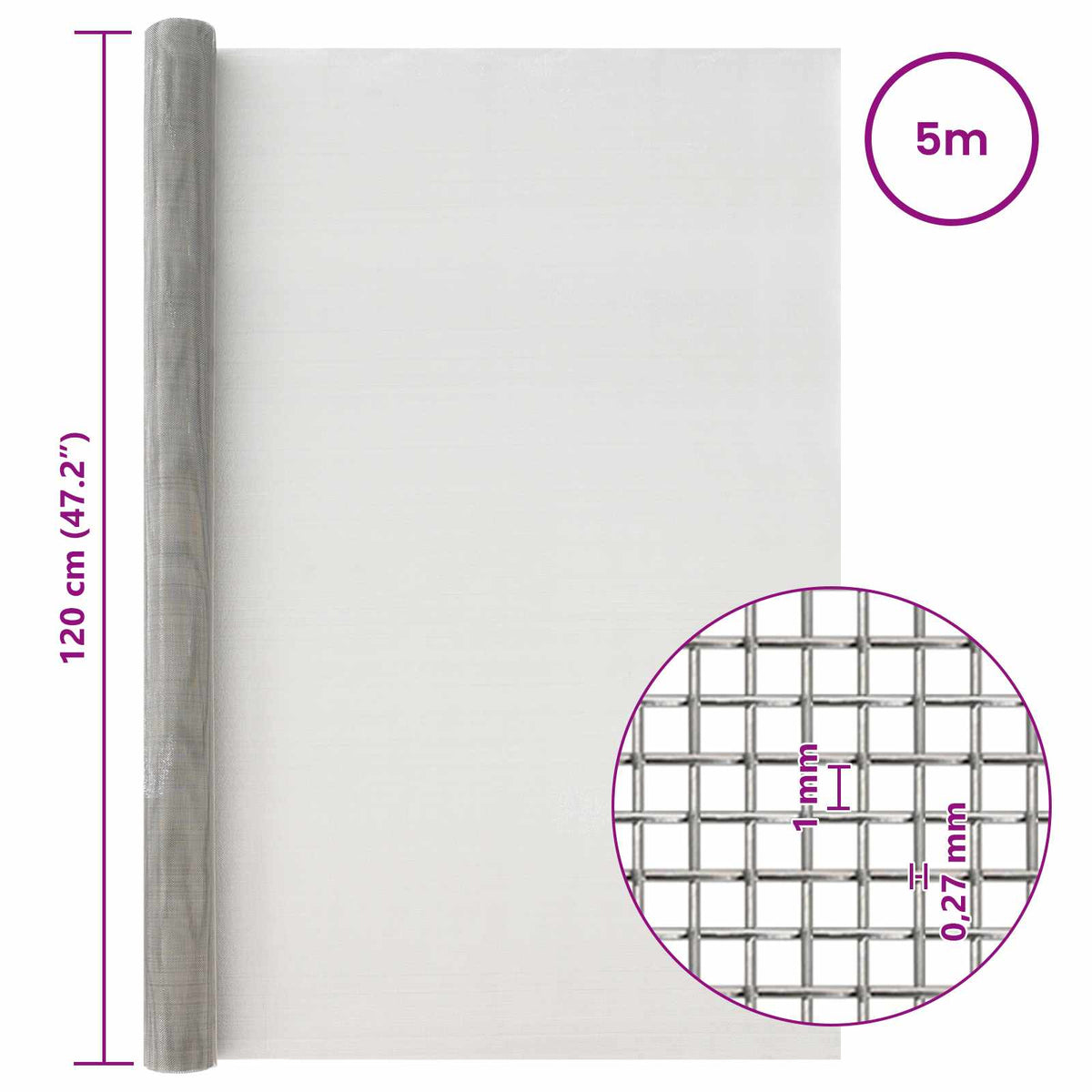 Mesh Bildschirm 120 x 500 cm 20 Mesh Edelstahl 201 Silber