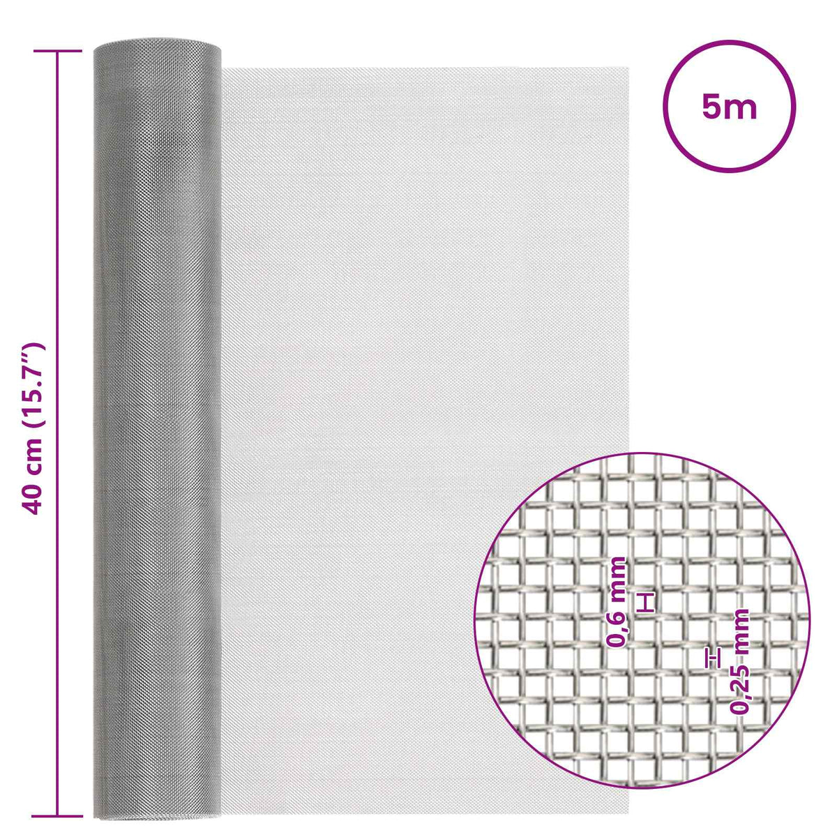 Mesh Bildschirm 40 x 500 cm 30 Mesh Edelstahl 201 Silber