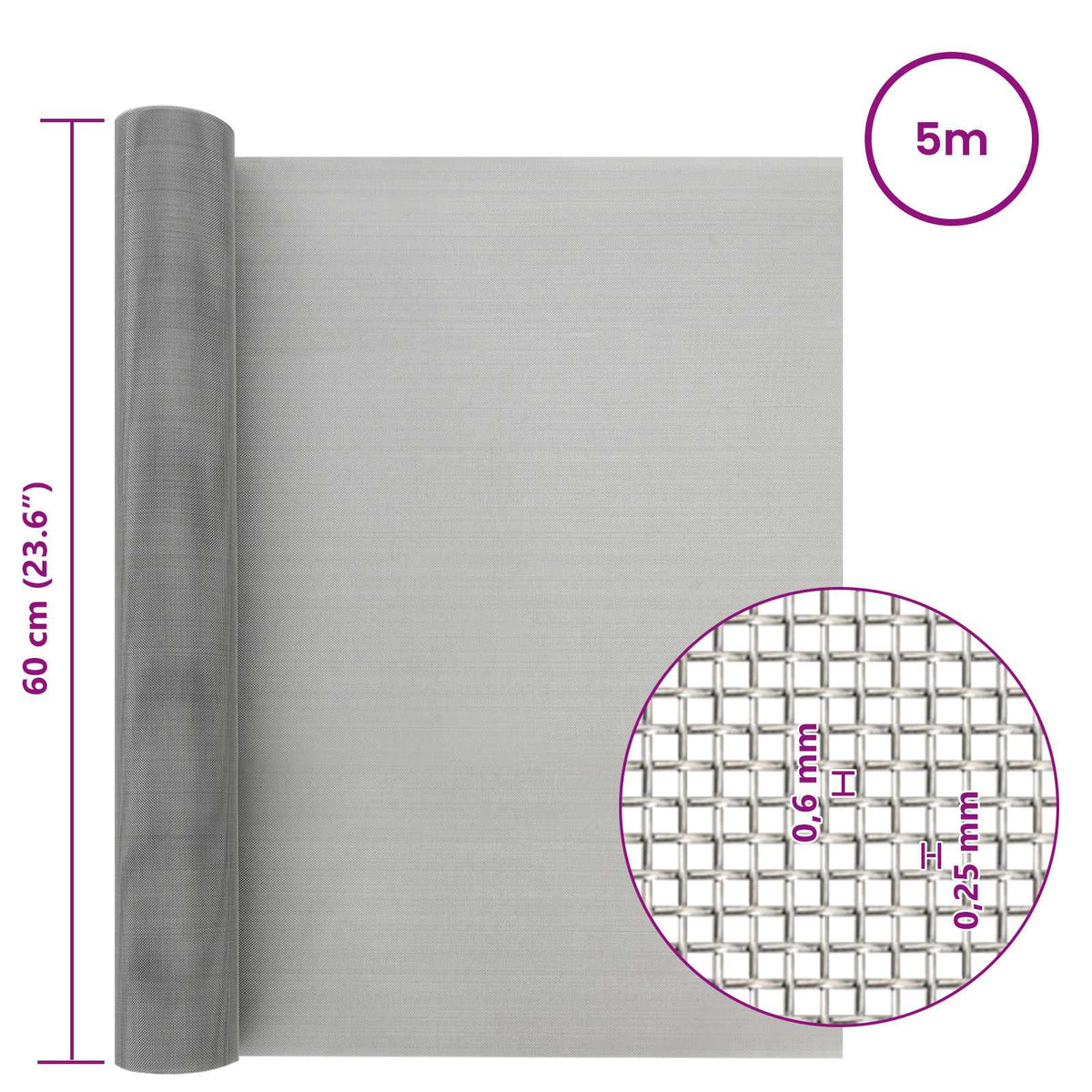 Mesh Bildschirm 60 x 500 cm 30 Mesh Edelstahl 201 Silber