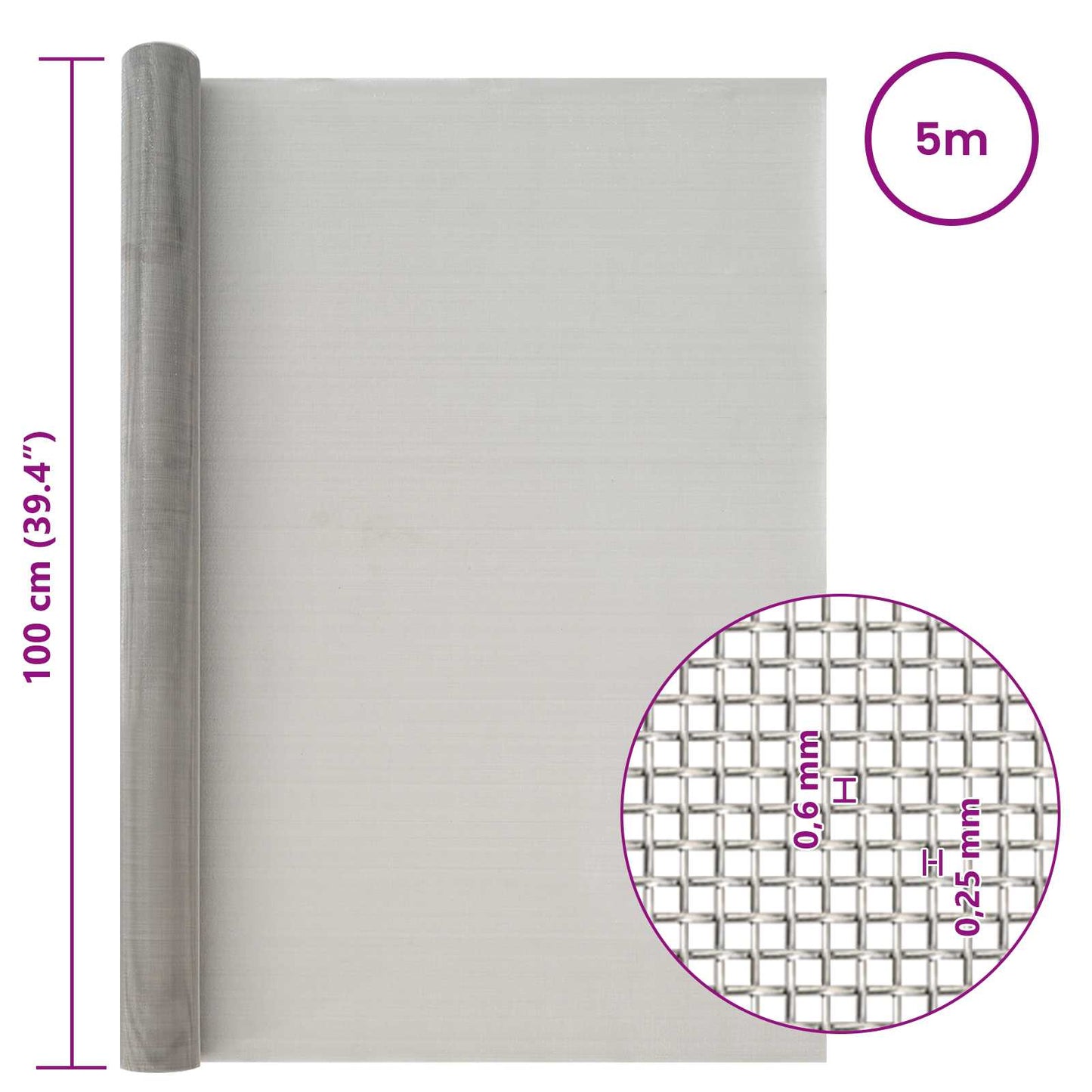 Mesh Bildschirm 100 x 500 cm 30 Mesh Edelstahl 201 Silber