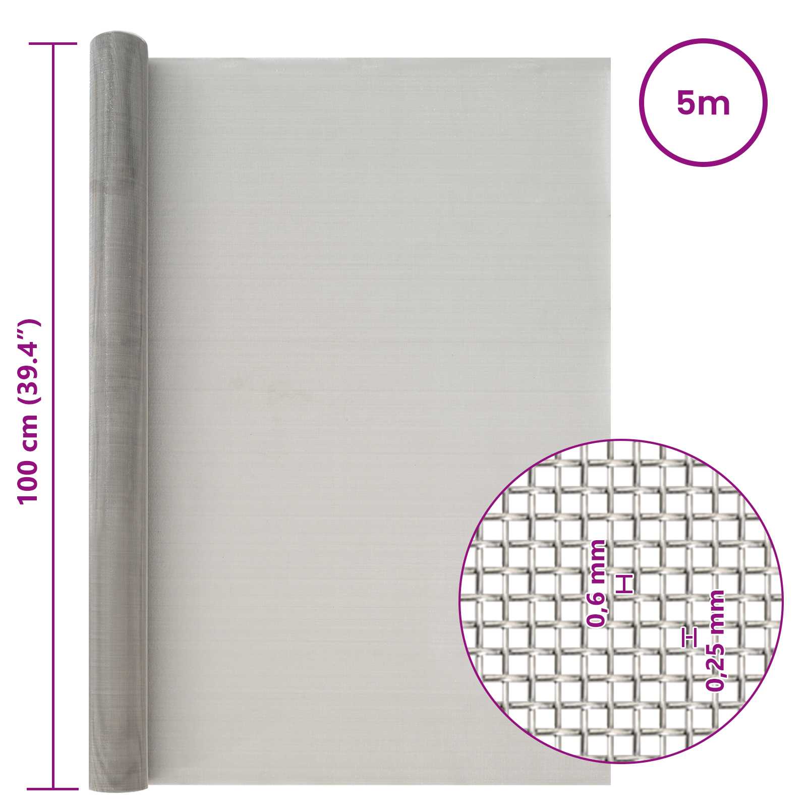Mesh Bildschirm 100 x 500 cm 30 Mesh Edelstahl 201 Silber