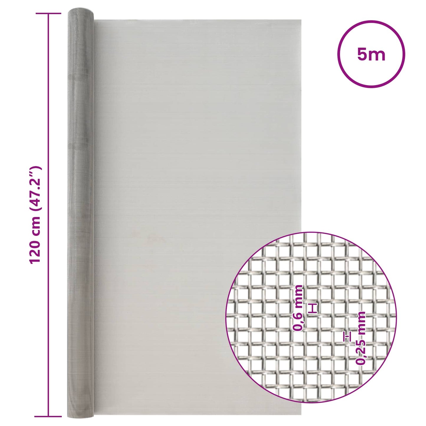Mesh Bildschirm 120 x 500 cm 30 Mesh Edelstahl 201 Silber