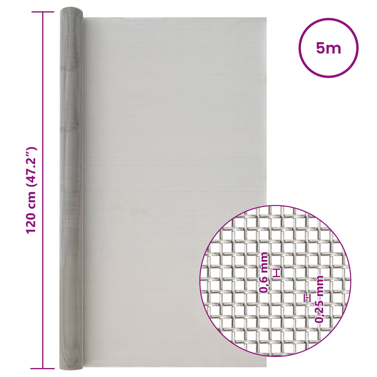 Mesh Bildschirm 120 x 500 cm 30 Mesh Edelstahl 201 Silber