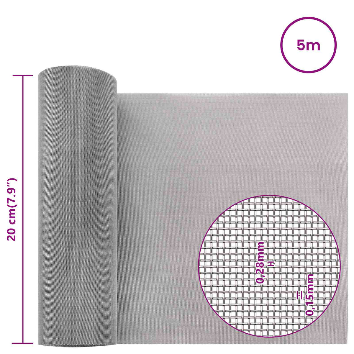Mesh Bildschirm 20 x 500 cm 60 Mesh Edelstahl 201 Silber