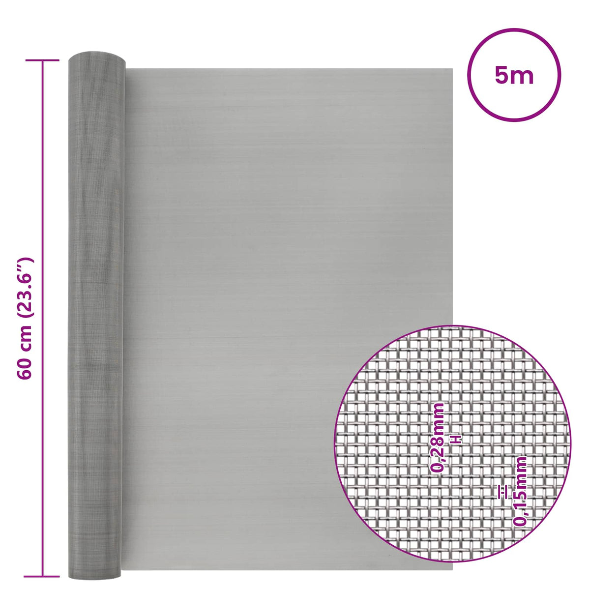 Mesh Bildschirm 60 x 500 cm 60 Mesh Edelstahl 201 Silber