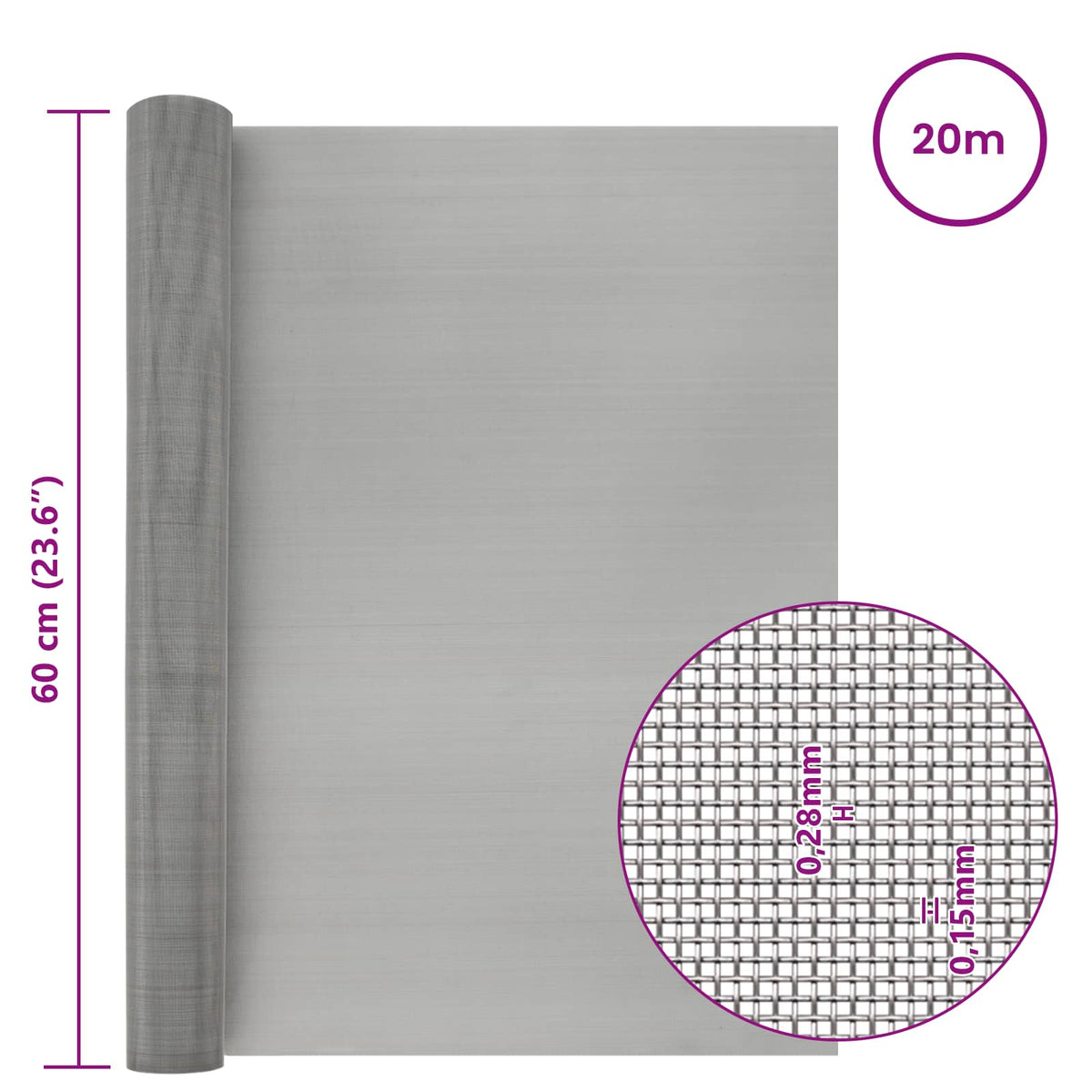 Mesh Bildschirm 60 x 2000 cm 60 Mesh Edelstahl 201 Silber
