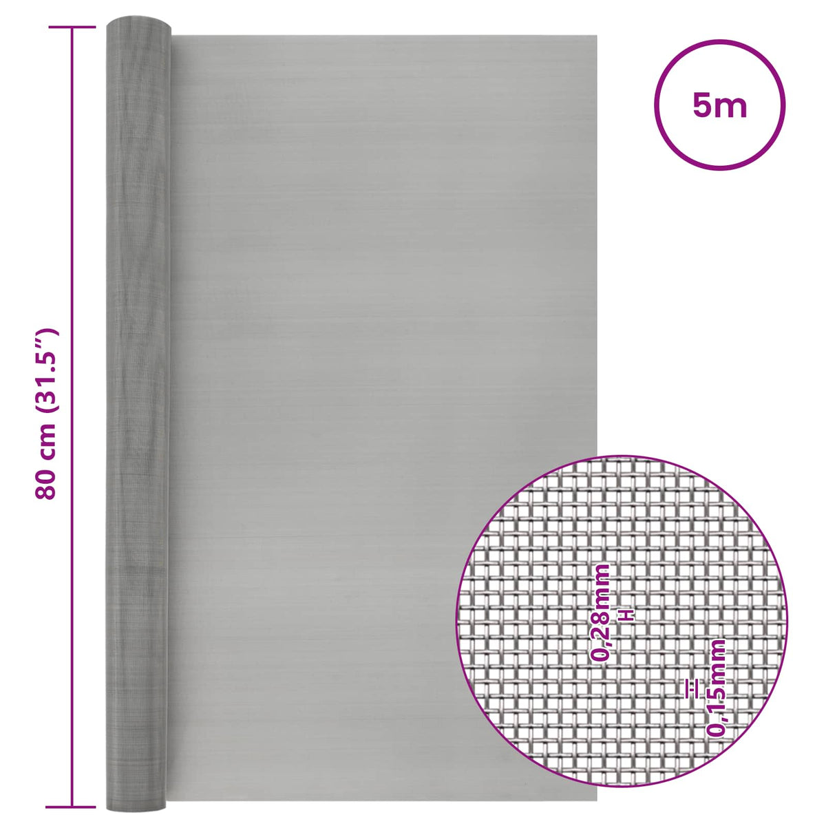 Mesh Bildschirm 80 x 500 cm 60 Mesh Edelstahl 201 Silber