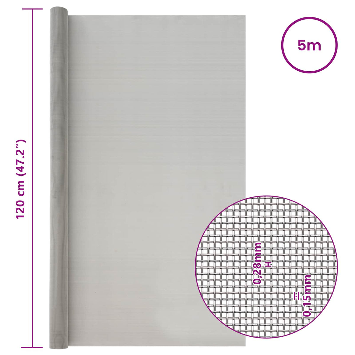Mesh Bildschirm 120 x 500 cm 60 Mesh Edelstahl 201 Silber