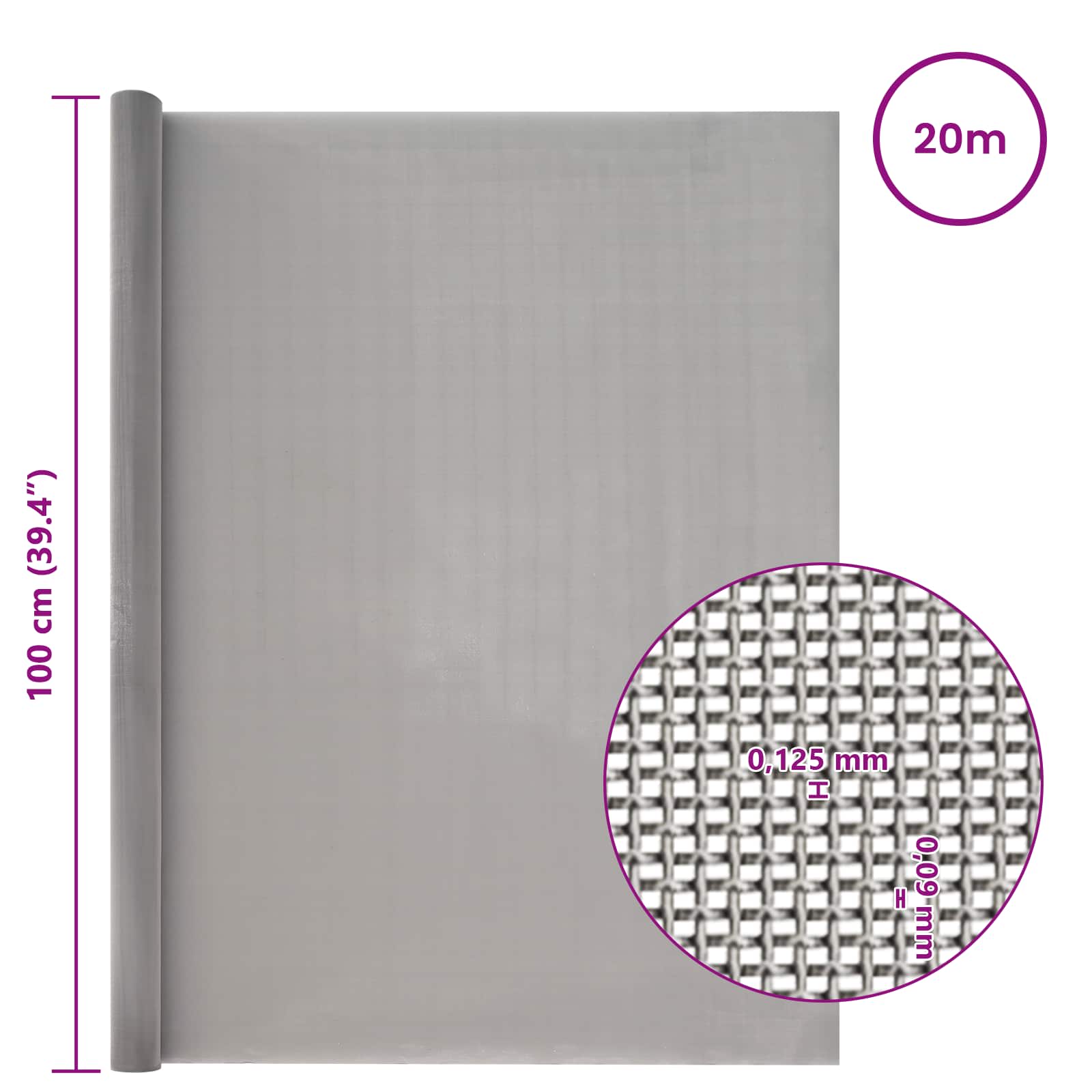 Mesh Bildschirm 100 x 2000 cm 120 Mesh Edelstahl 201 Silber
