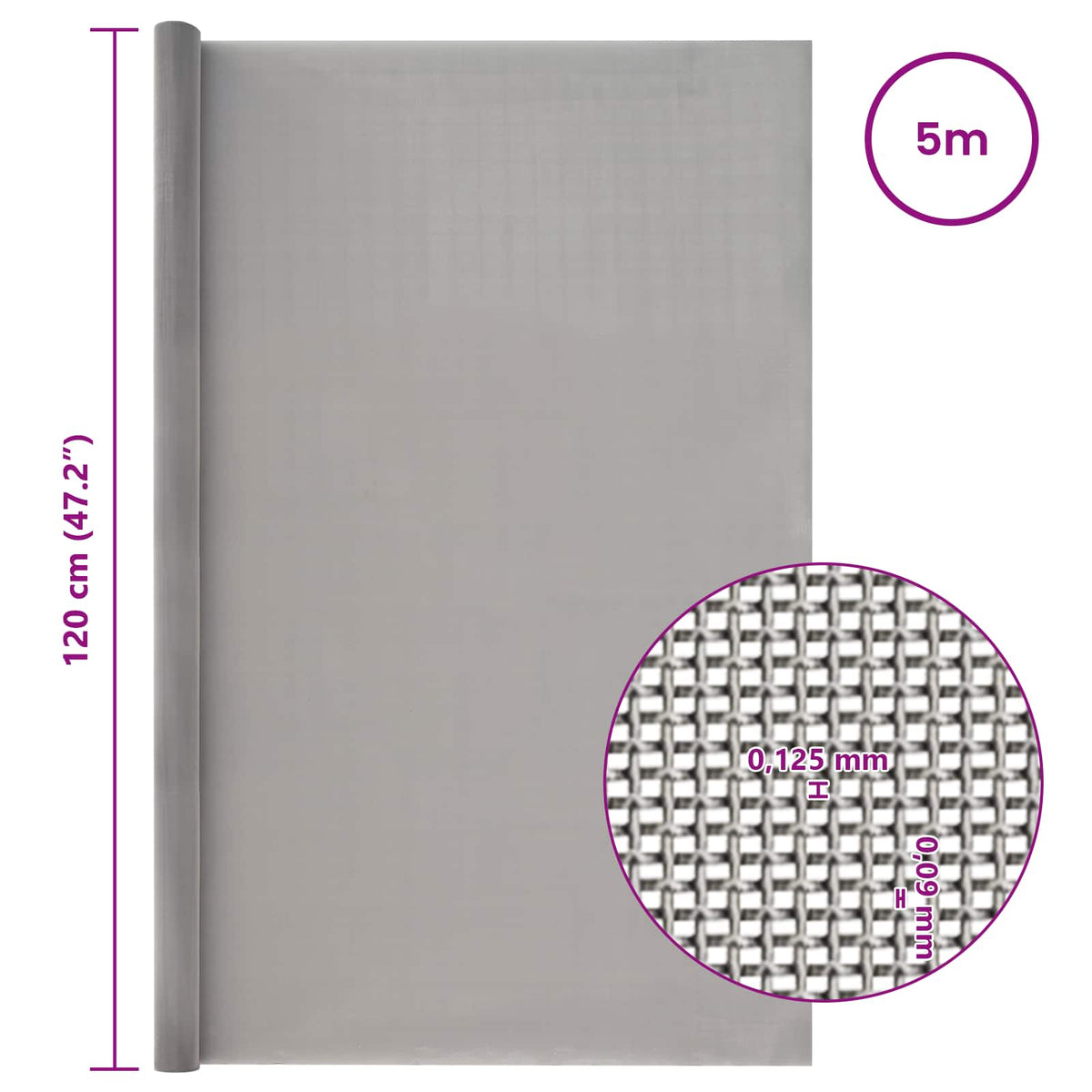Mesh Bildschirm 120 x 500 cm 120 Mesh Edelstahl 201 Silber