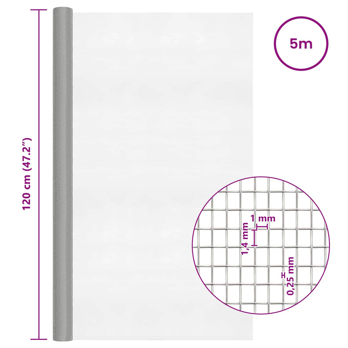 Drahtgeflecht 120 x 500 cm 18 Mesh Edelstahl 304 Silber