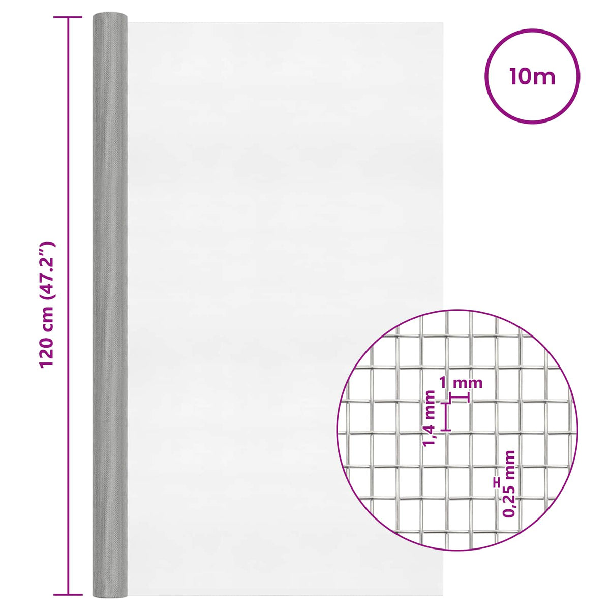 Drahtgeflecht 120 x 1000 cm 18 Mesh Edelstahl 304 Silber