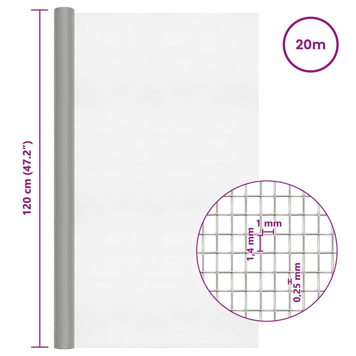 Drahtgeflecht 120 x 2000 cm 18 Mesh Edelstahl 304 Silber