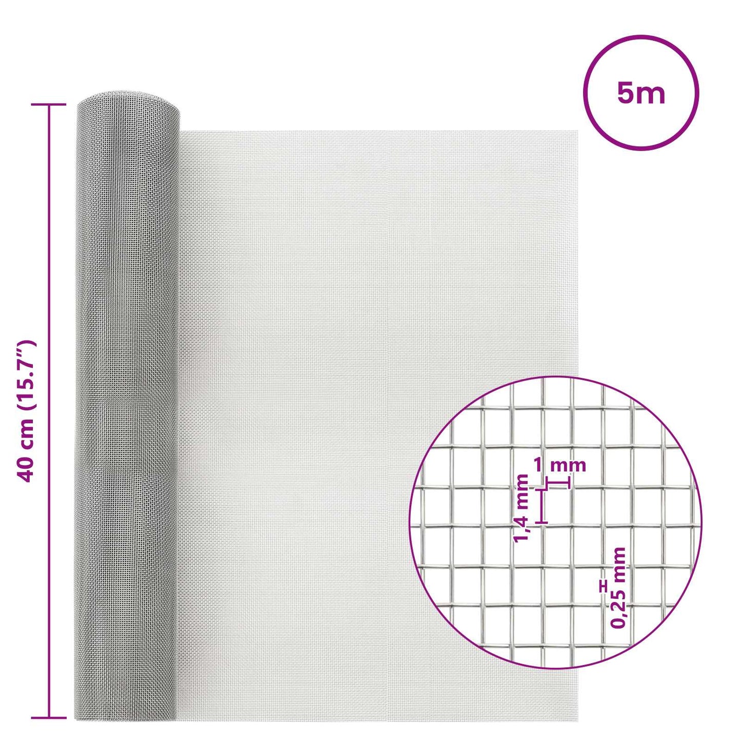 Drahtgeflecht 40 x 500 cm 18 Mesh Edelstahl 304 Silber