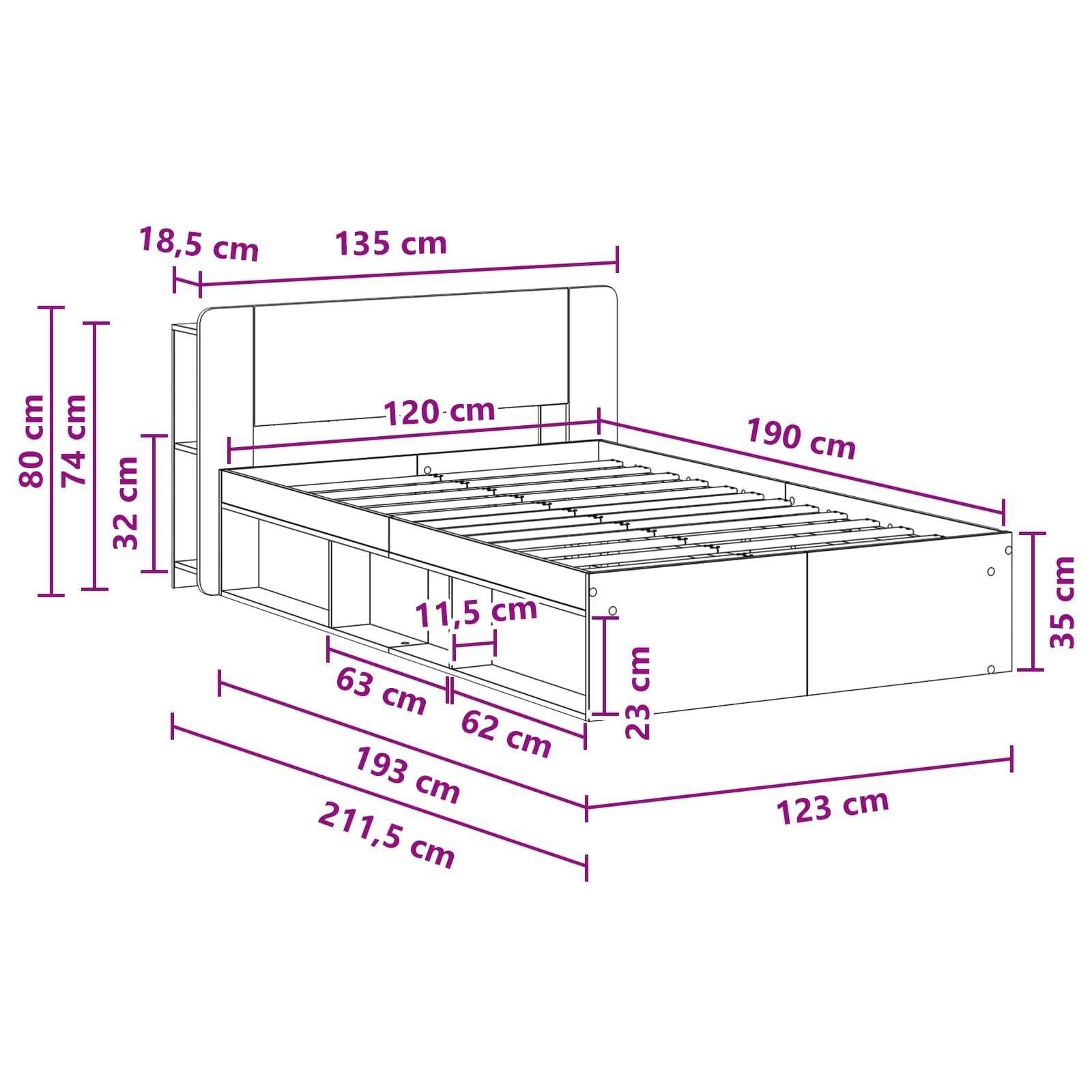 Bettgestell mit Stauraum Artisan-Eiche 120 x 190 cm
