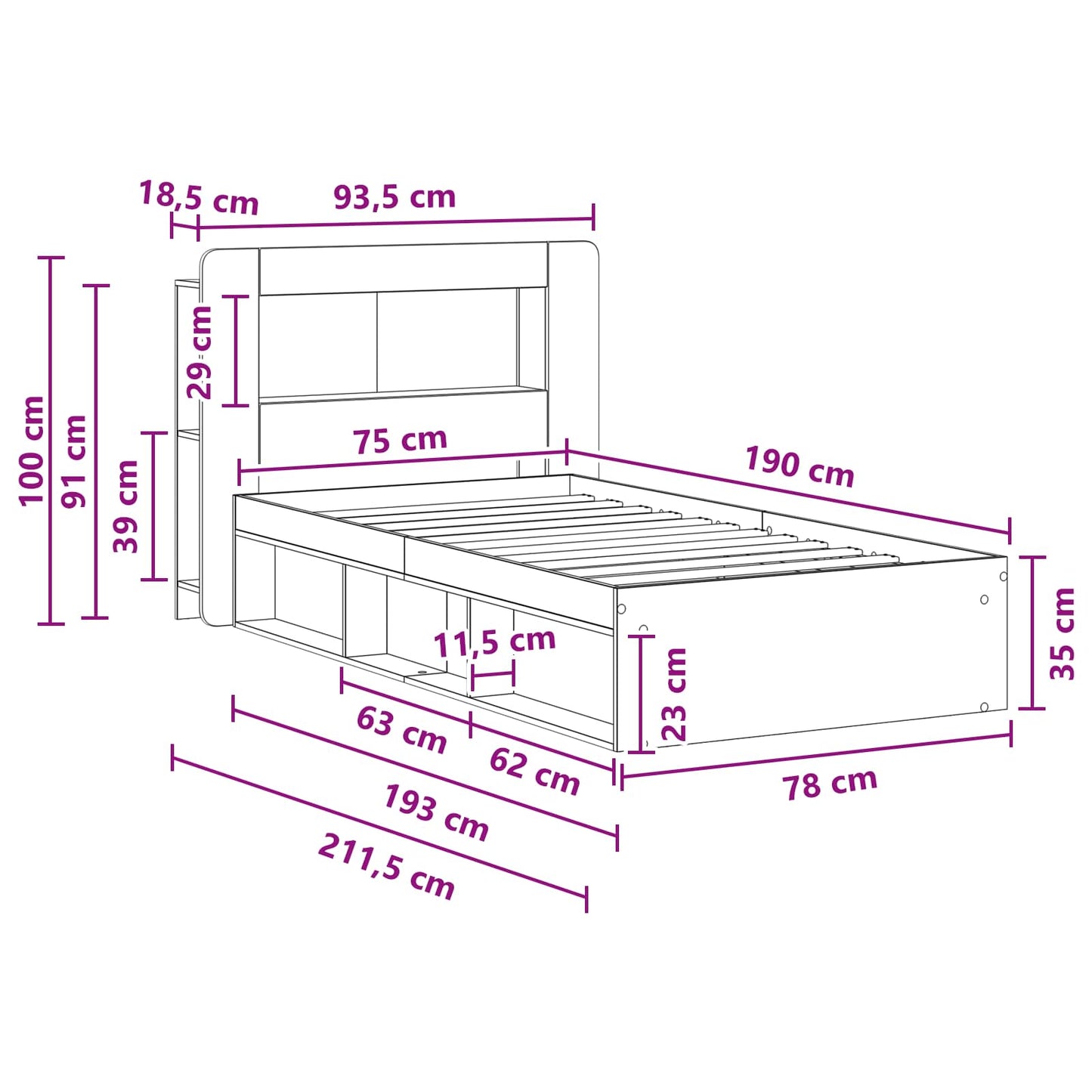 Bettgestell mit Stauraum Sonoma-Eiche 75 x 190 cm Holzwerkstoff