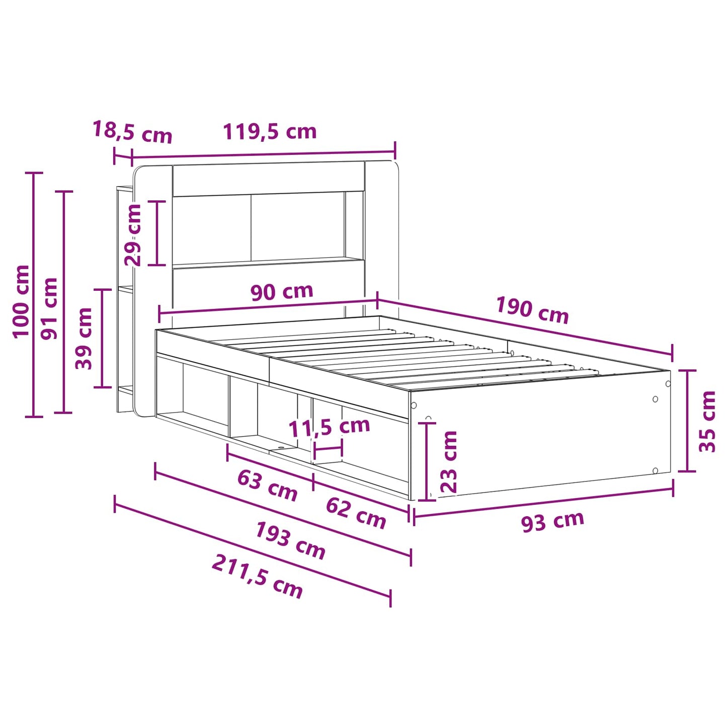 Bettgestell mit Stauraum Schwarz 90 x 190 cm Holzwerkstoff