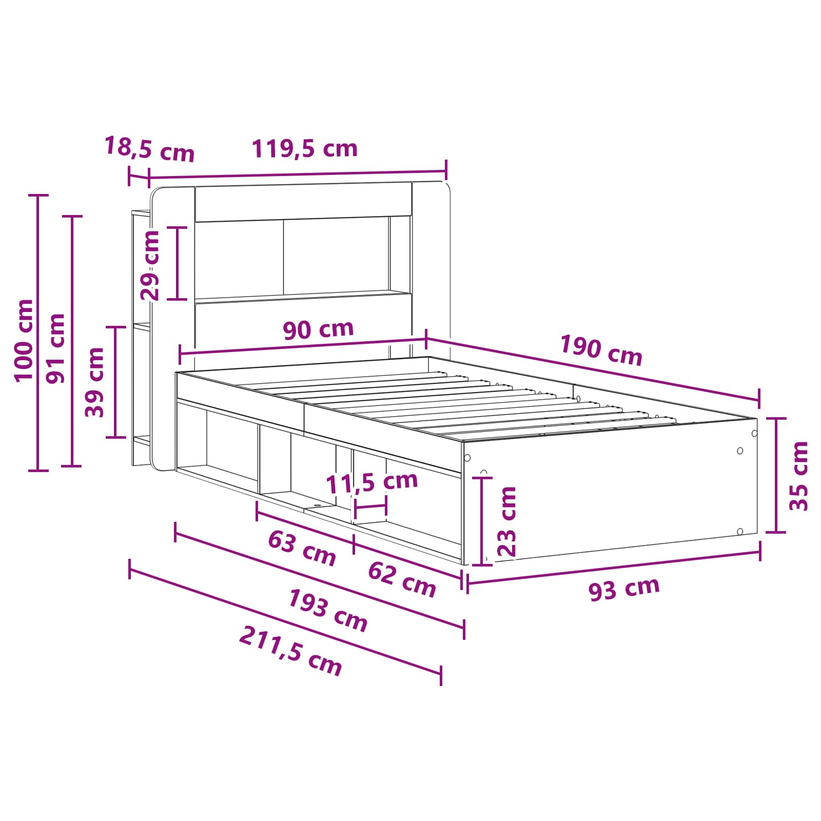 Bettgestell mit Stauraum Schwarz 90 x 190 cm Holzwerkstoff