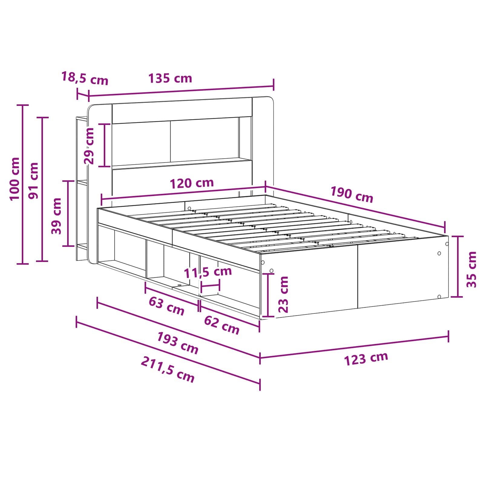 Bettgestell mit Stauraum Artisan-Eiche 120 x 190 cm