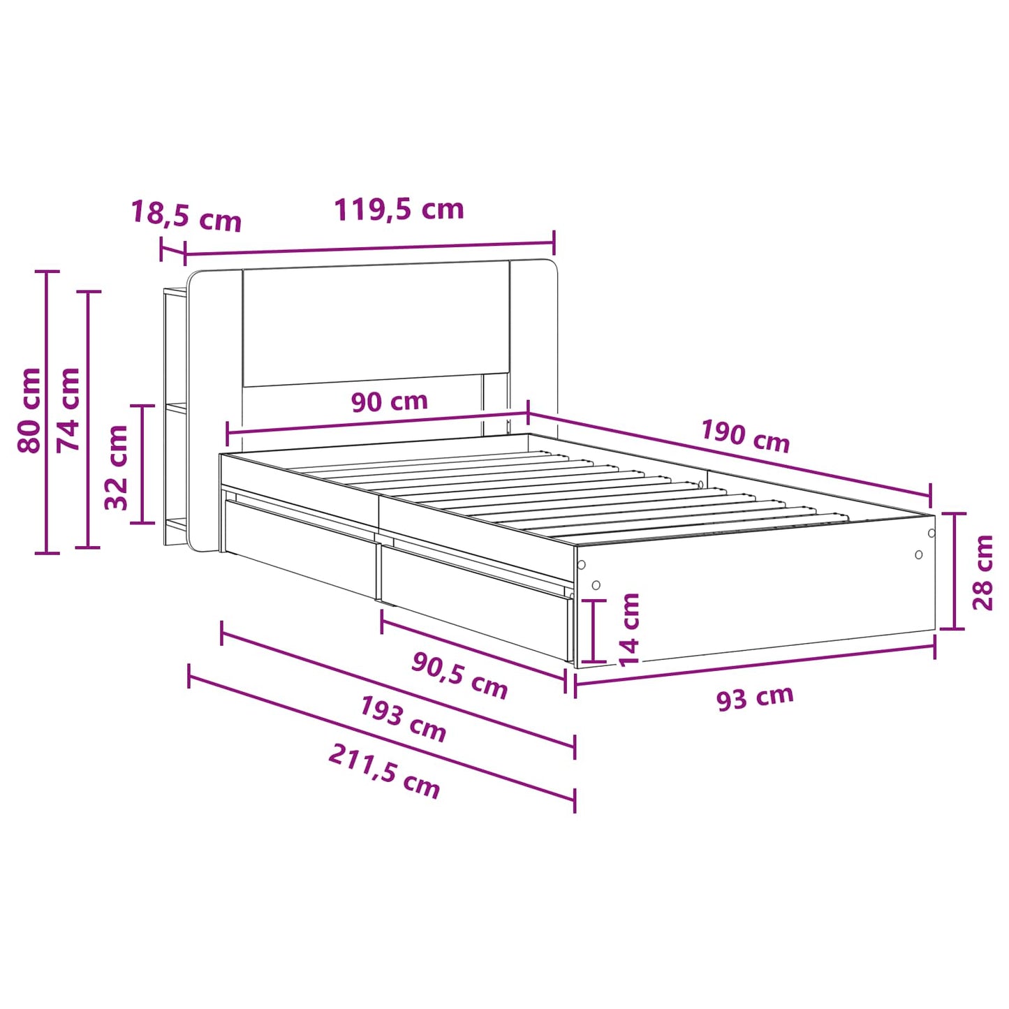 Bettgestell mit Stauraum Sonoma-Eiche 90 x 190 cm Holzwerkstoff