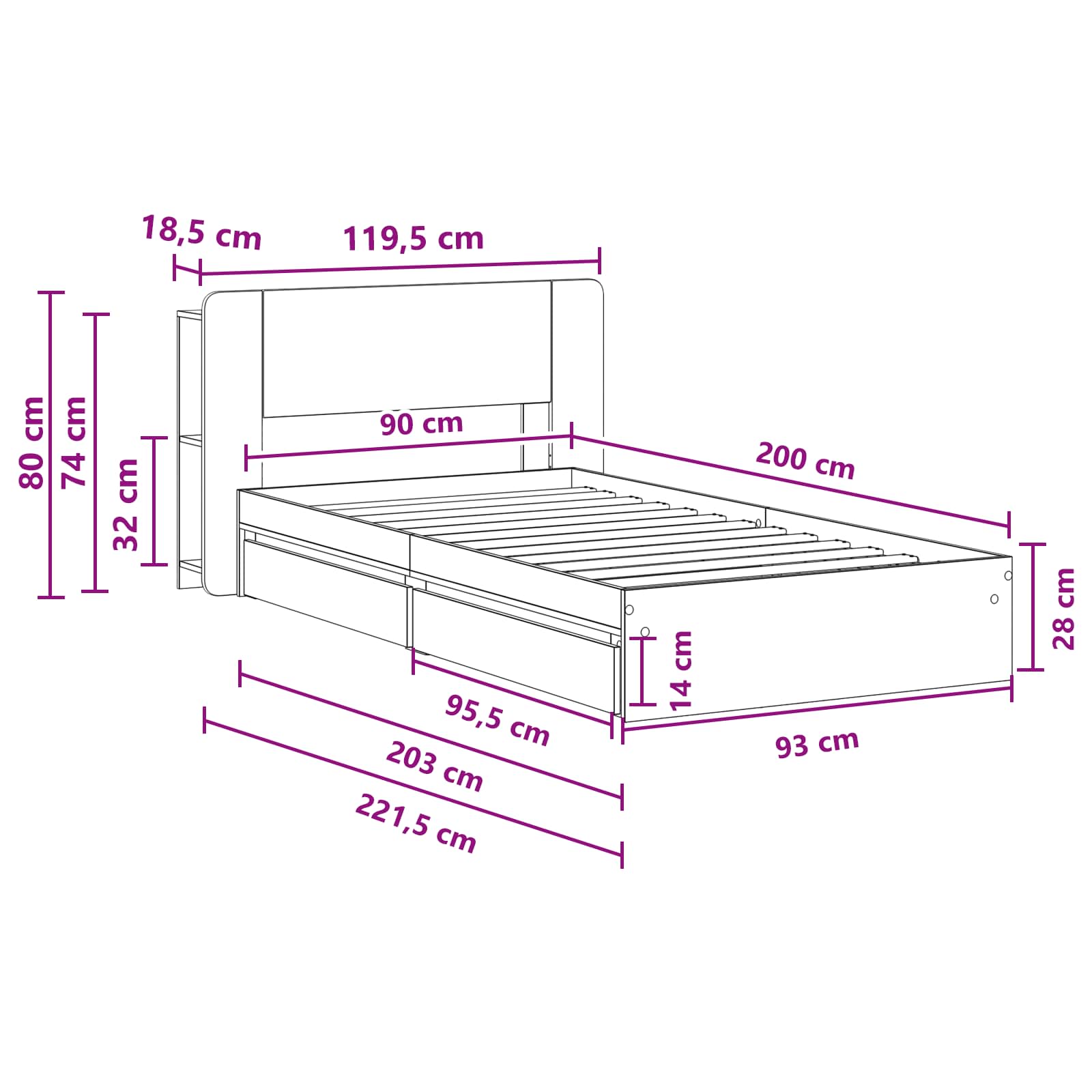 Bettgestell mit Stauraum Sonoma-Eiche 90 x 200 cm Holzwerkstoff