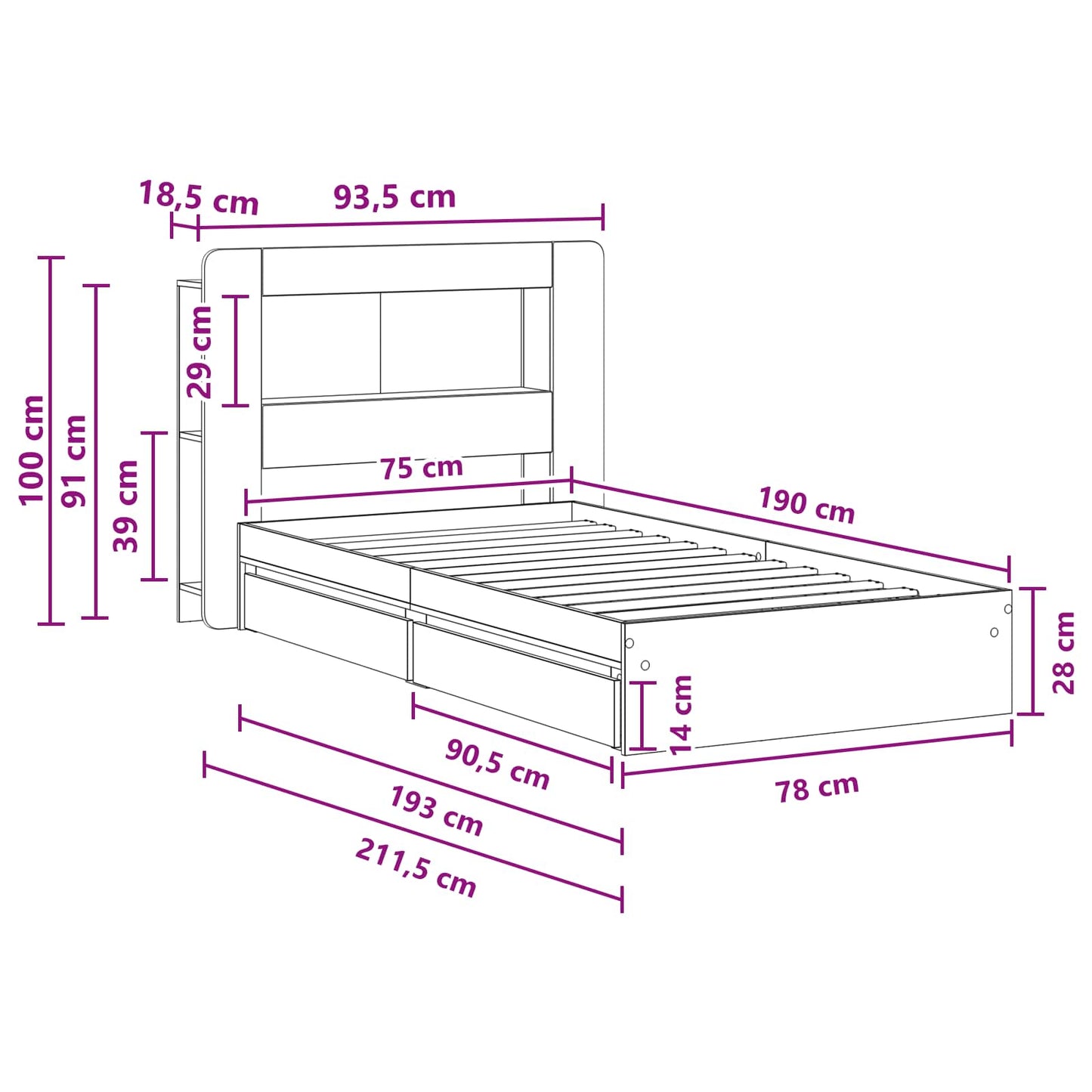 Bettgestell mit Stauraum Sonoma-Eiche 75 x 190 cm Holzwerkstoff