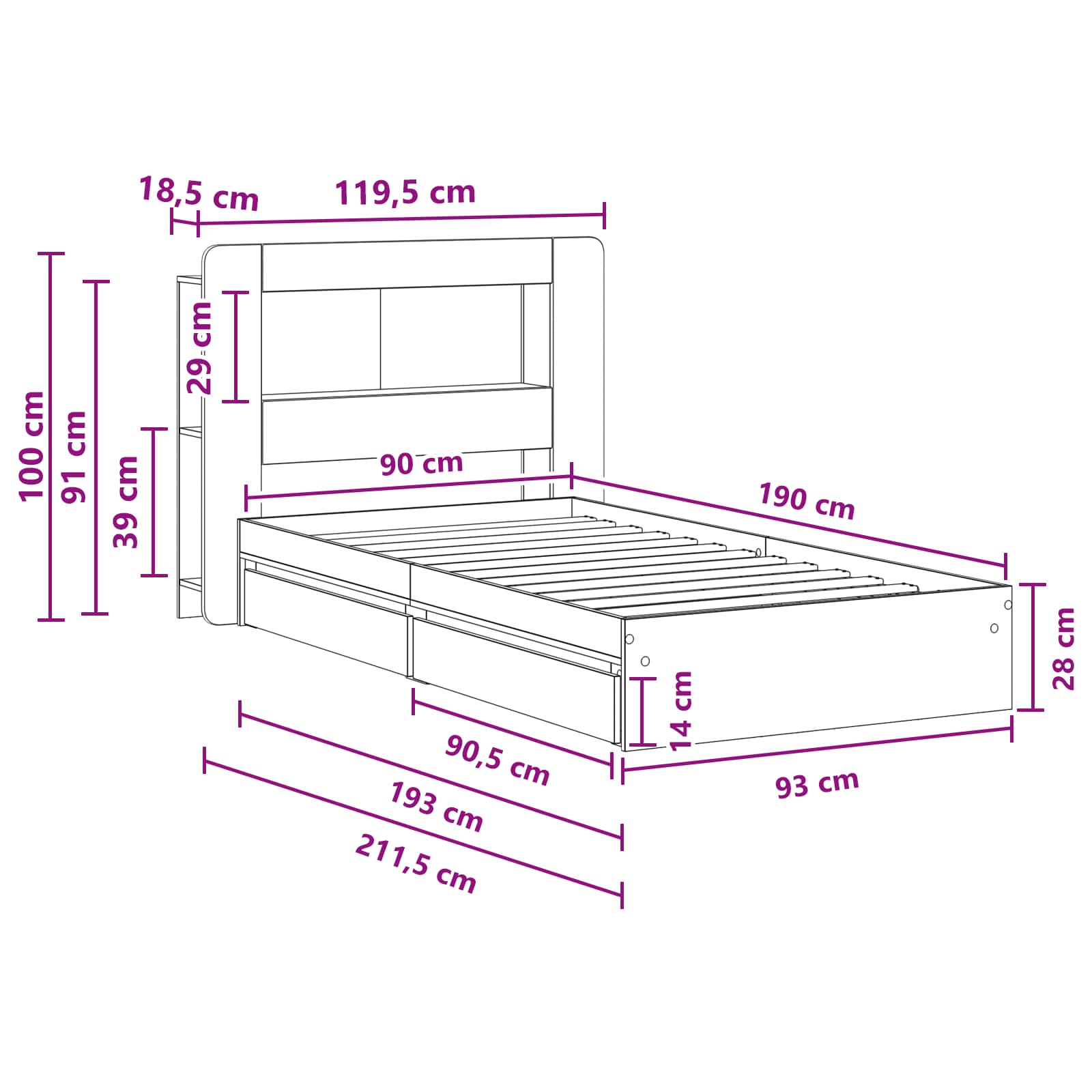 Bettgestell mit Stauraum Sonoma-Eiche 90 x 190 cm Holzwerkstoff
