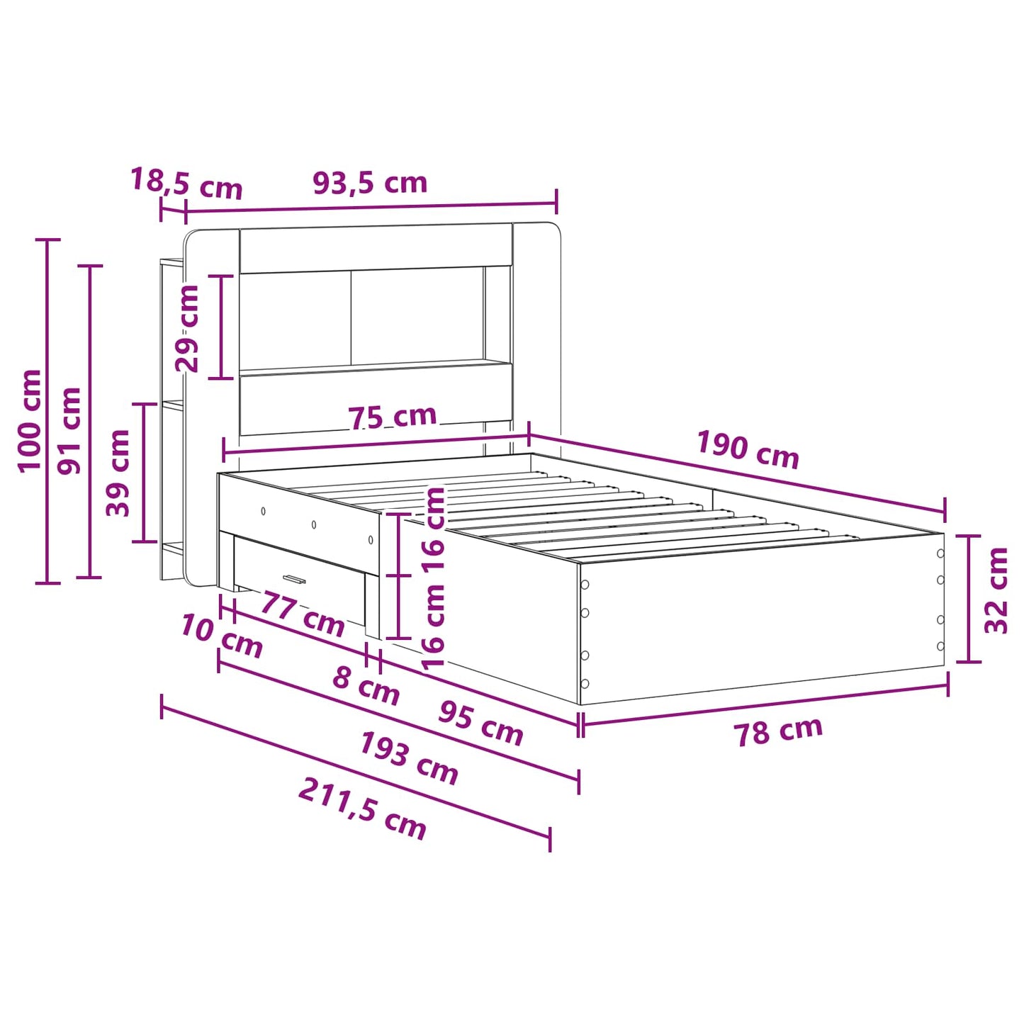 Bettgestell mit Stauraum Schwarz 75 x 190 cm Holzwerkstoff