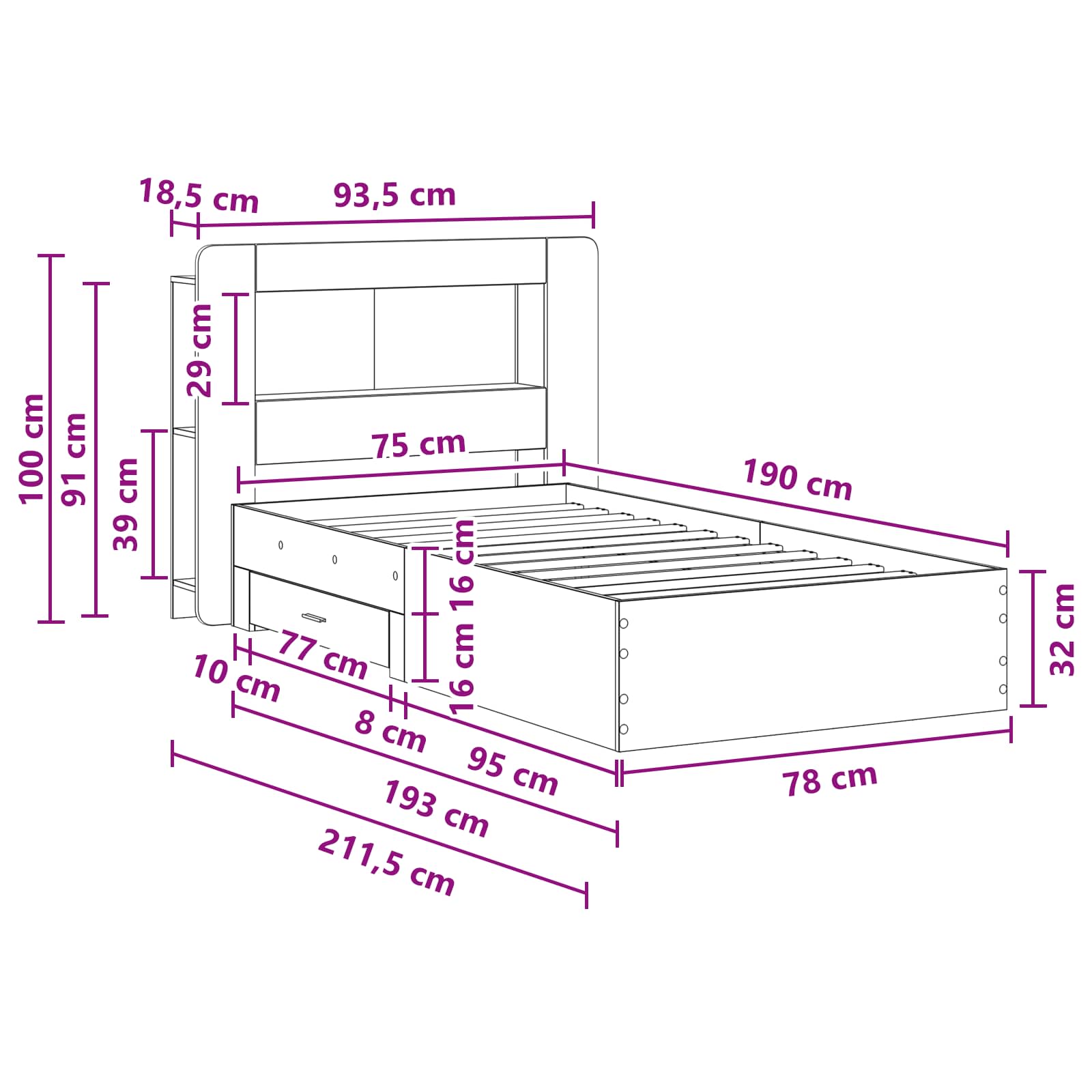 Bettgestell mit Stauraum Schwarz 75 x 190 cm Holzwerkstoff