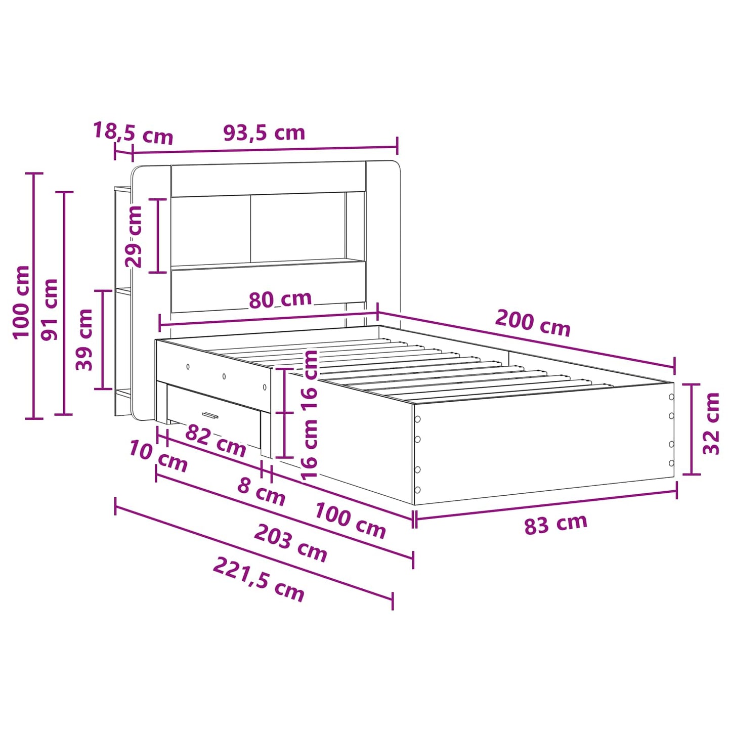 Bettgestell mit Stauraum Sonoma-Eiche 80 x 200 cm Holzwerkstoff