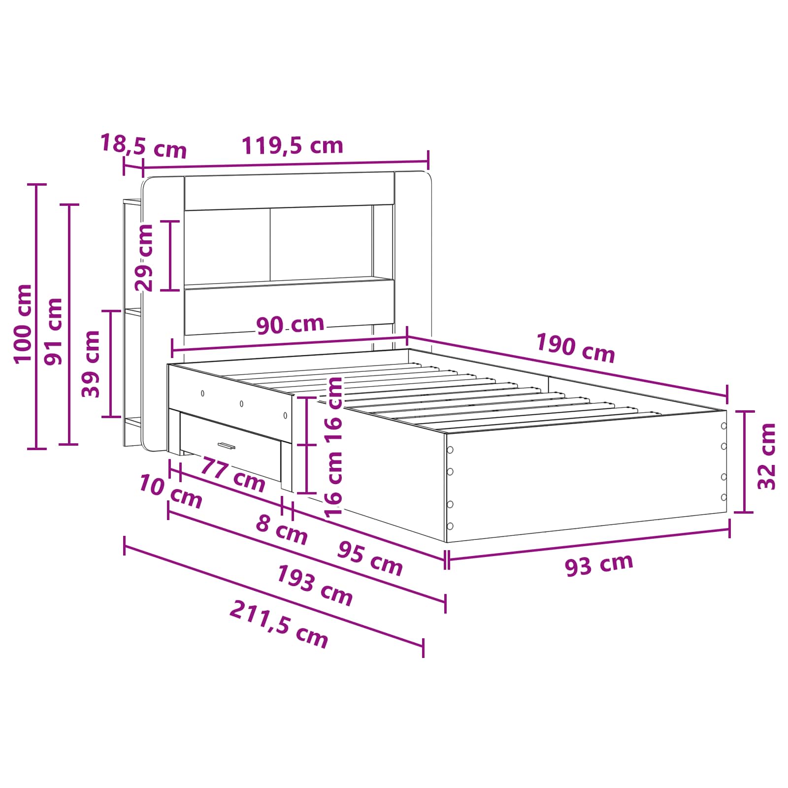 Bettgestell mit Stauraum Altholz 90 x 190 cm Holzwerkstoff
