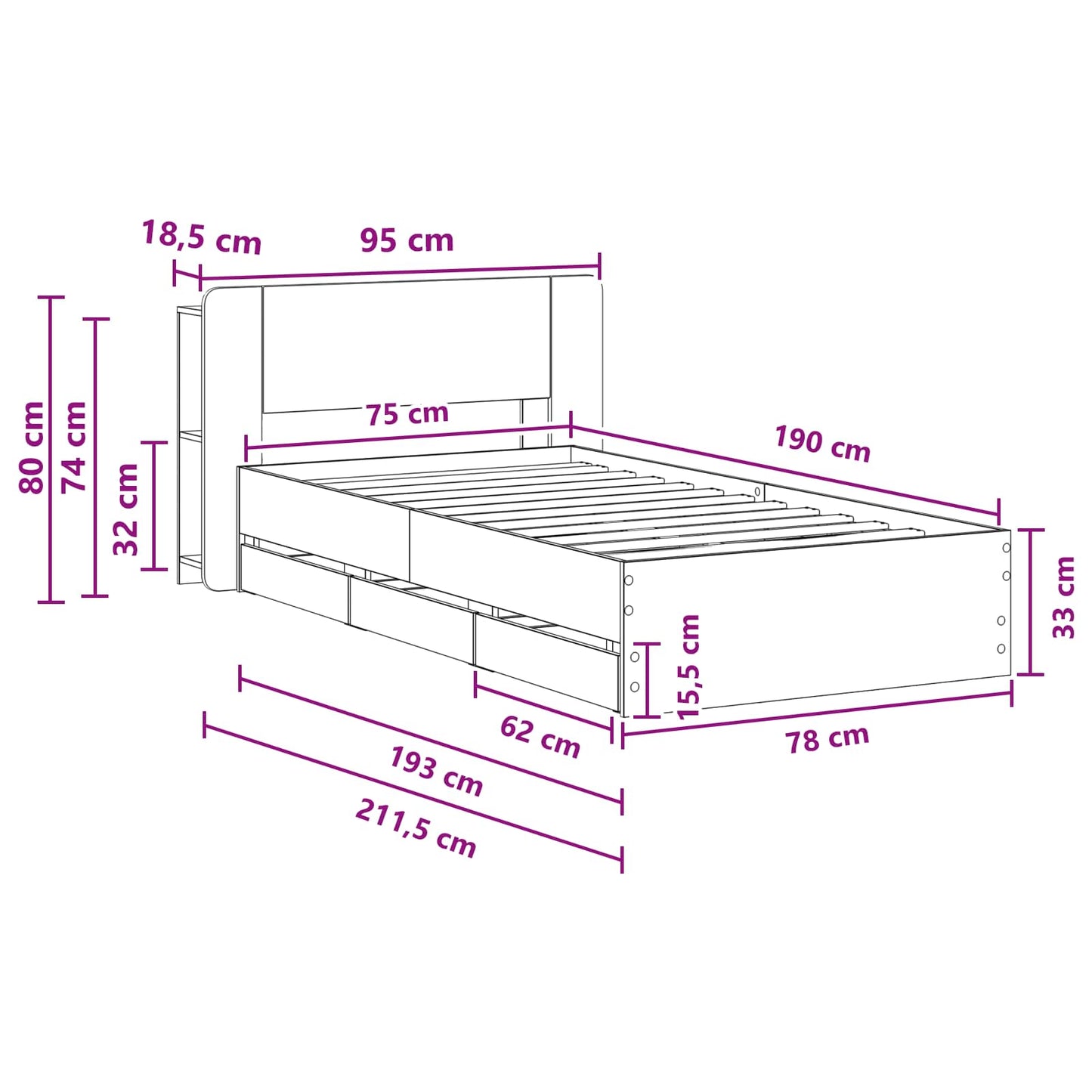 Bettgestell mit Stauraum und Kopfteil Schwarz 75 x 190 cm