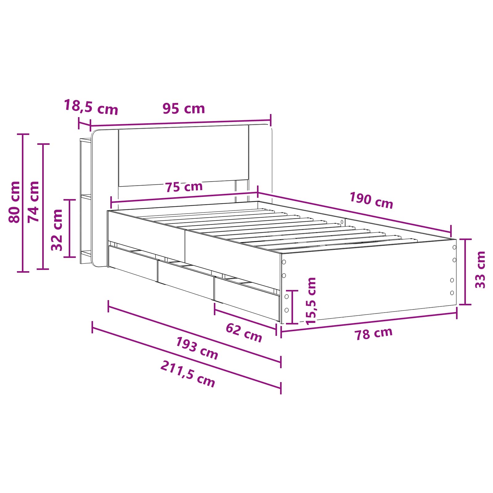 Bettgestell mit Stauraum und Kopfteil Sonoma-Eiche 75 x 190 cm