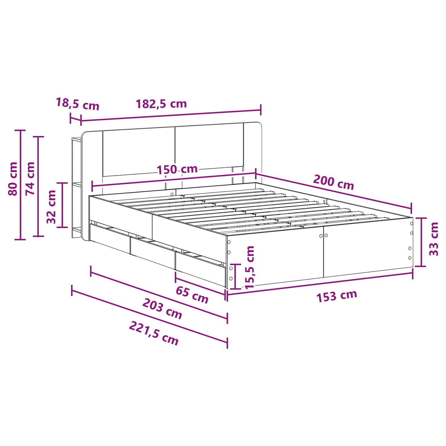 Bettgestell mit Stauraum und Kopfteil Weiß 150 x 200 cm