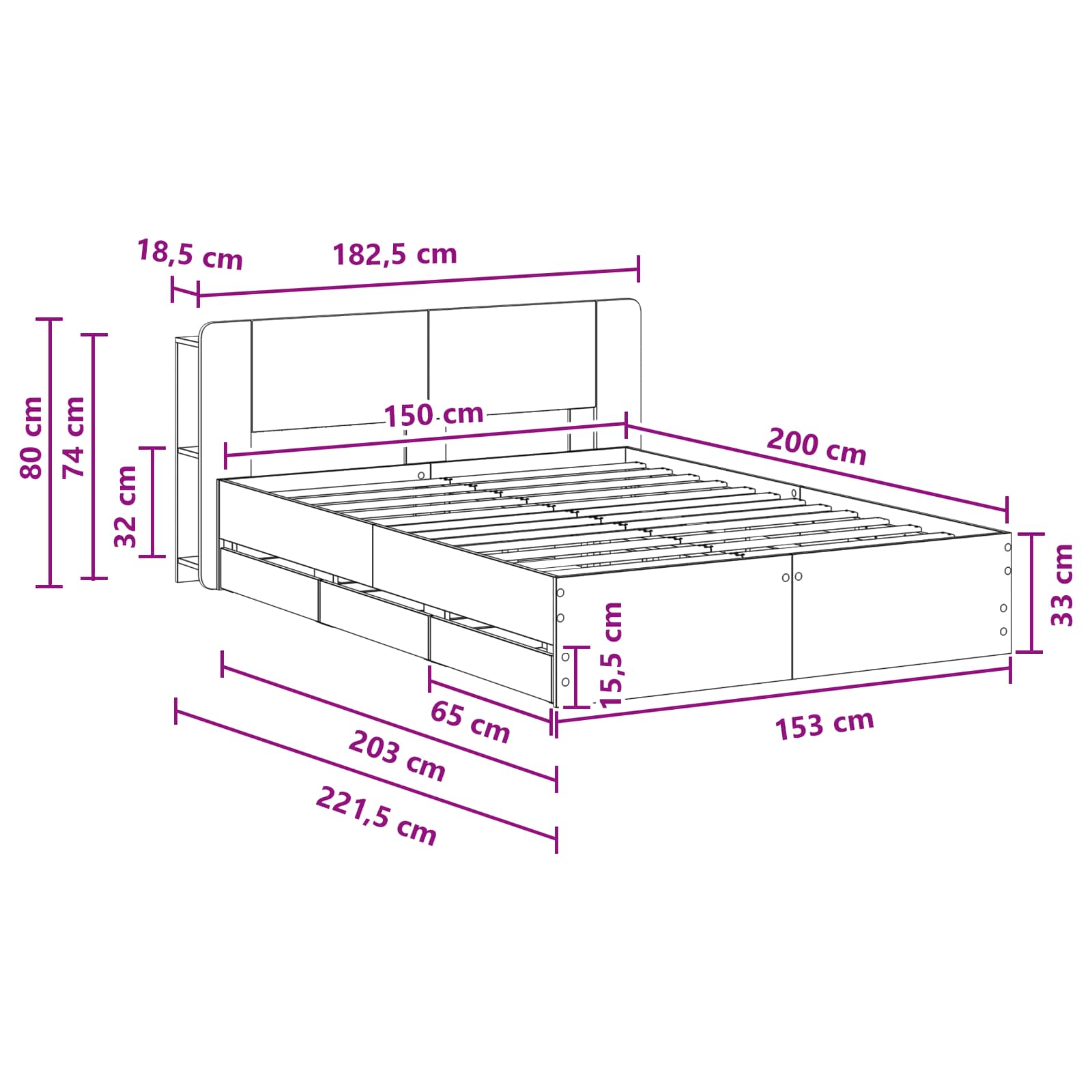Bettgestell mit Stauraum und Kopfteil Weiß 150 x 200 cm