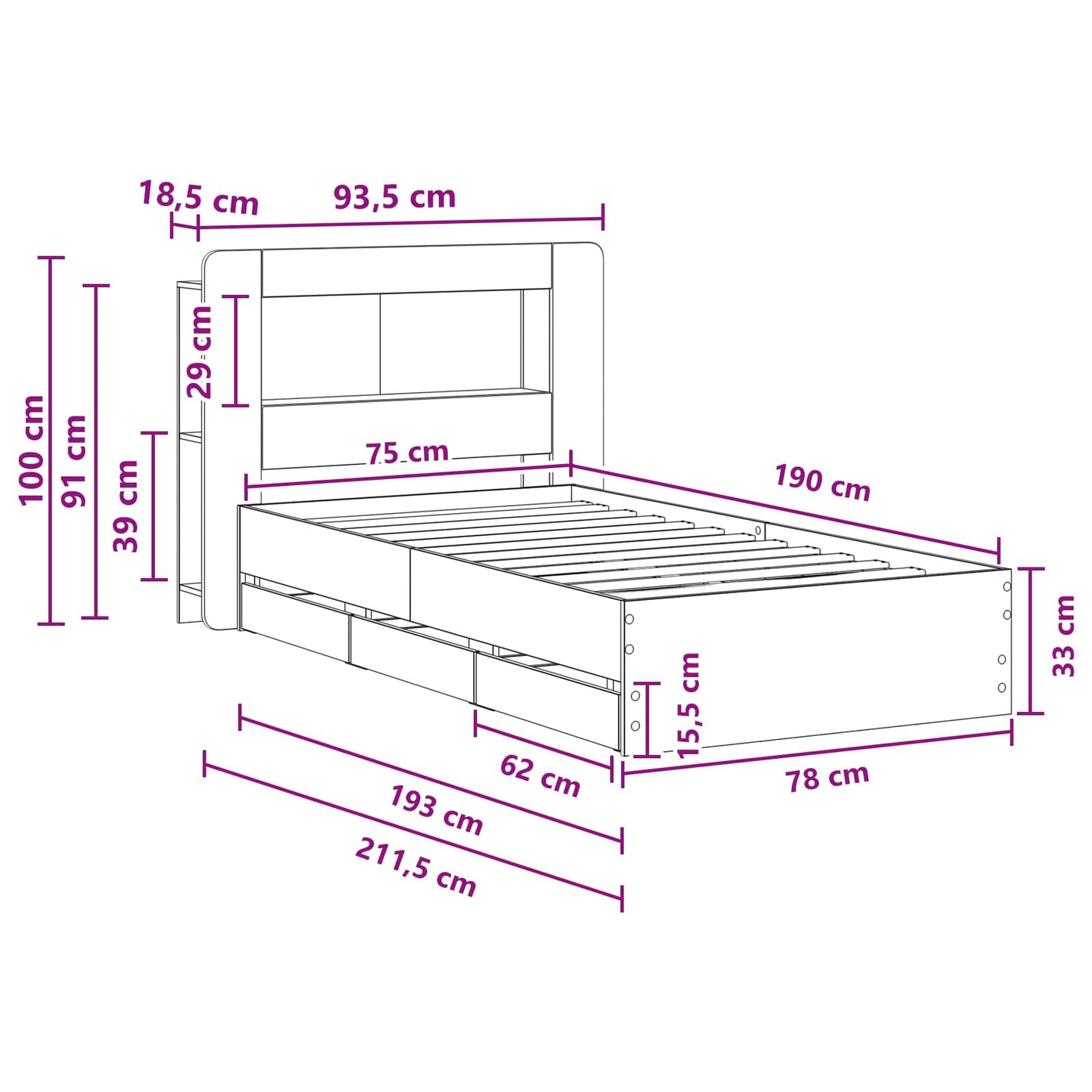 Bettgestell mit Stauraum und Kopfteil Schwarz 75 x 190 cm