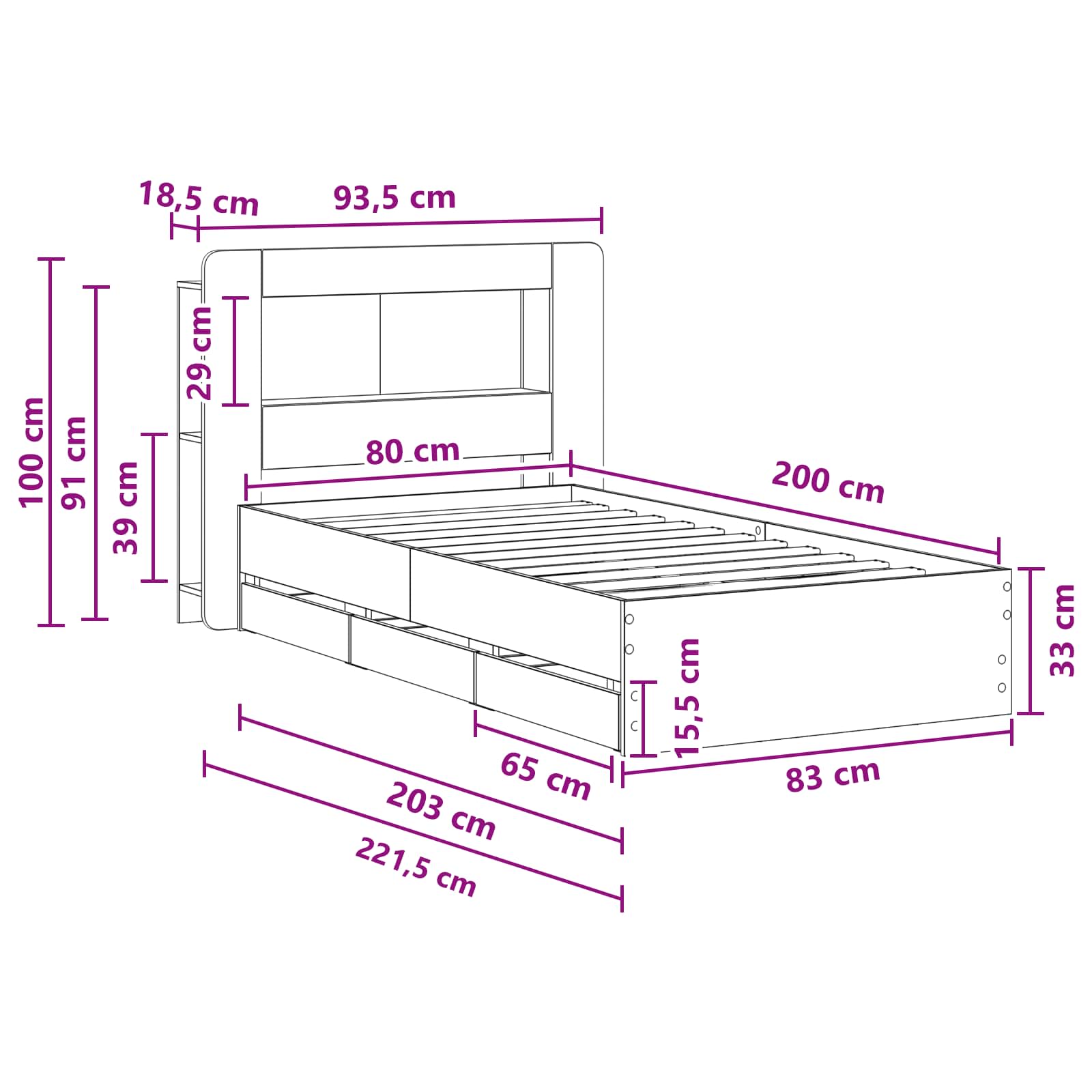Bettgestell mit Stauraum und Kopfteil Sonoma-Eiche 80 x 200 cm