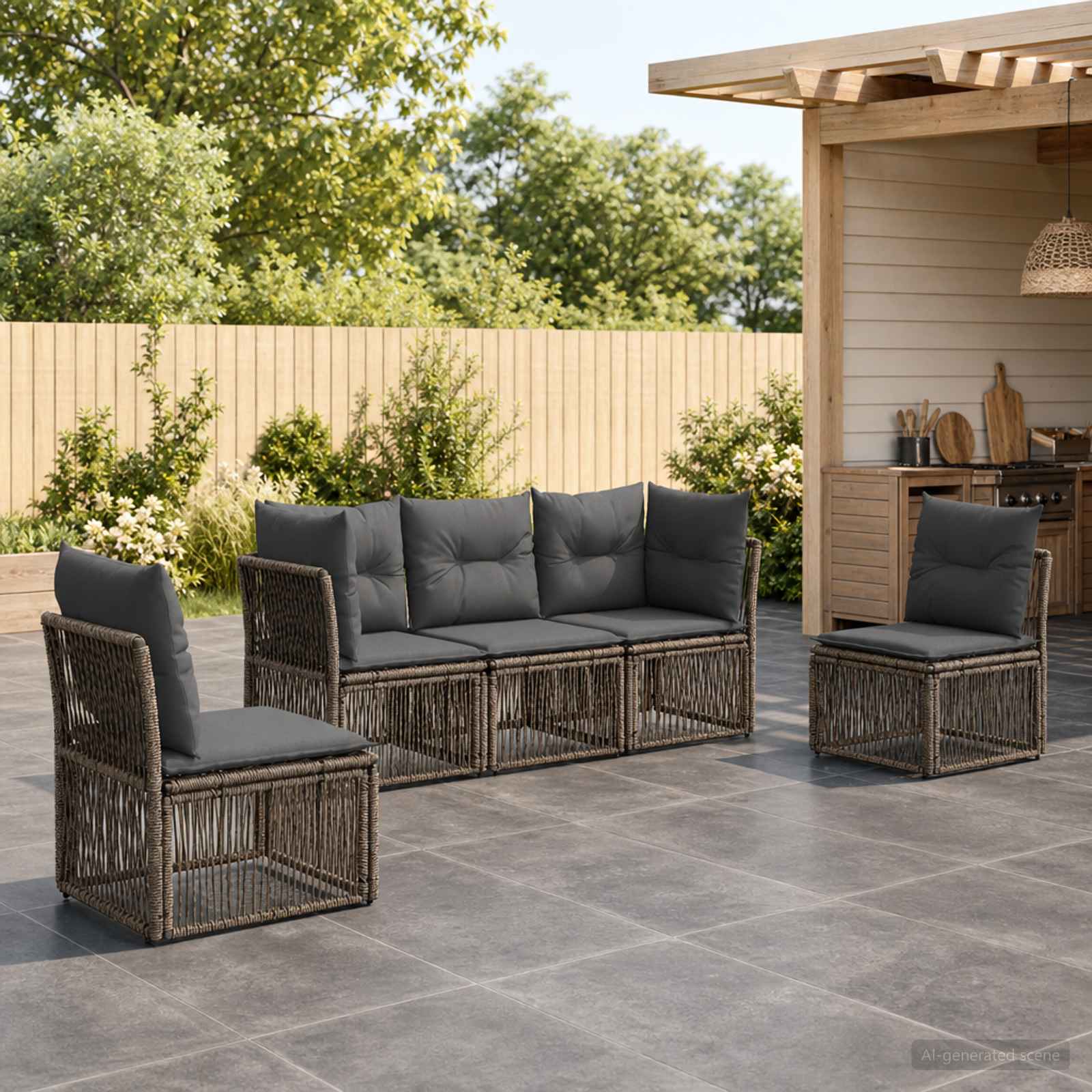 Gartensofa-set 5 pcs Grau Poly-Rattan