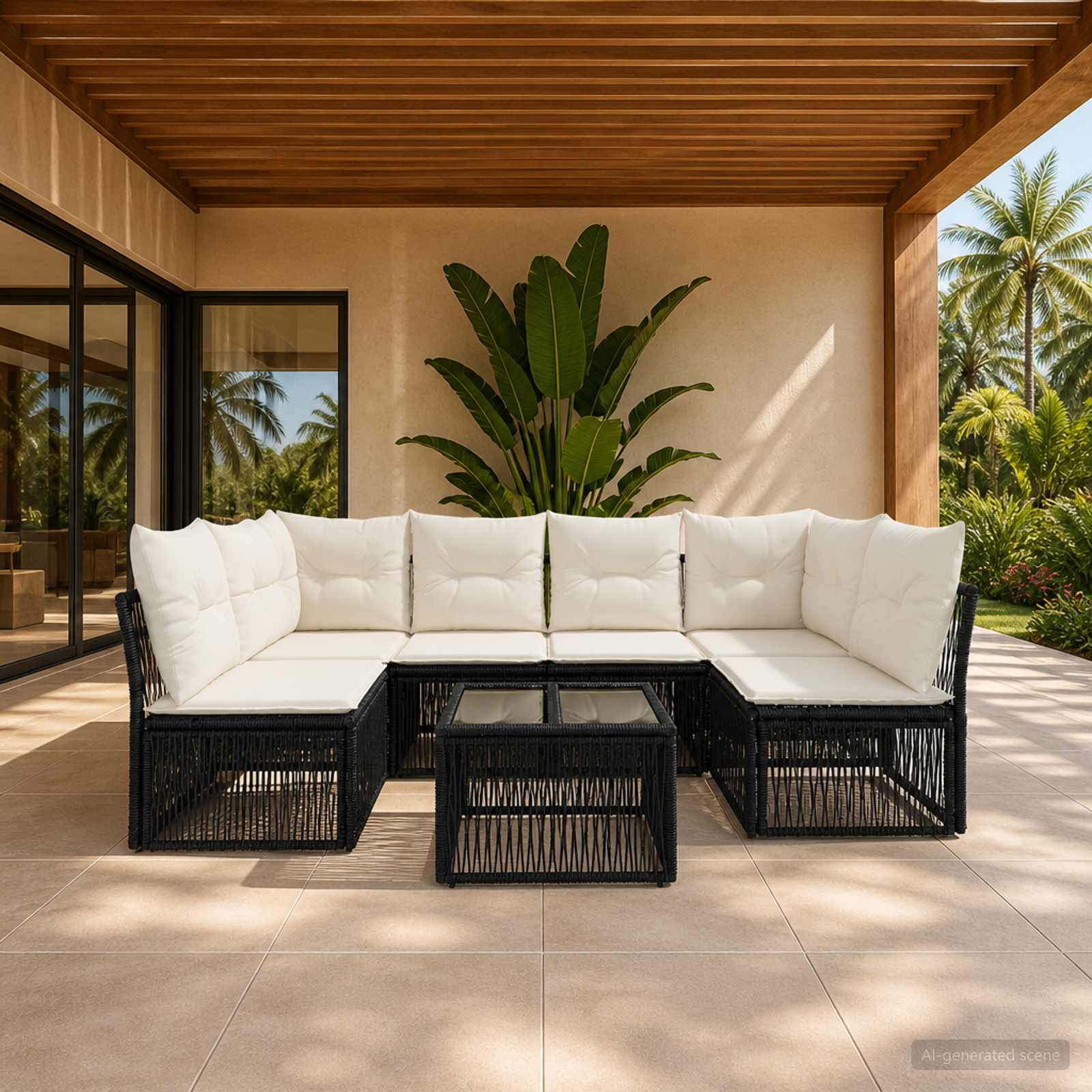 Gartensofa-set 7 pcs Schwarz Poly-Rattan