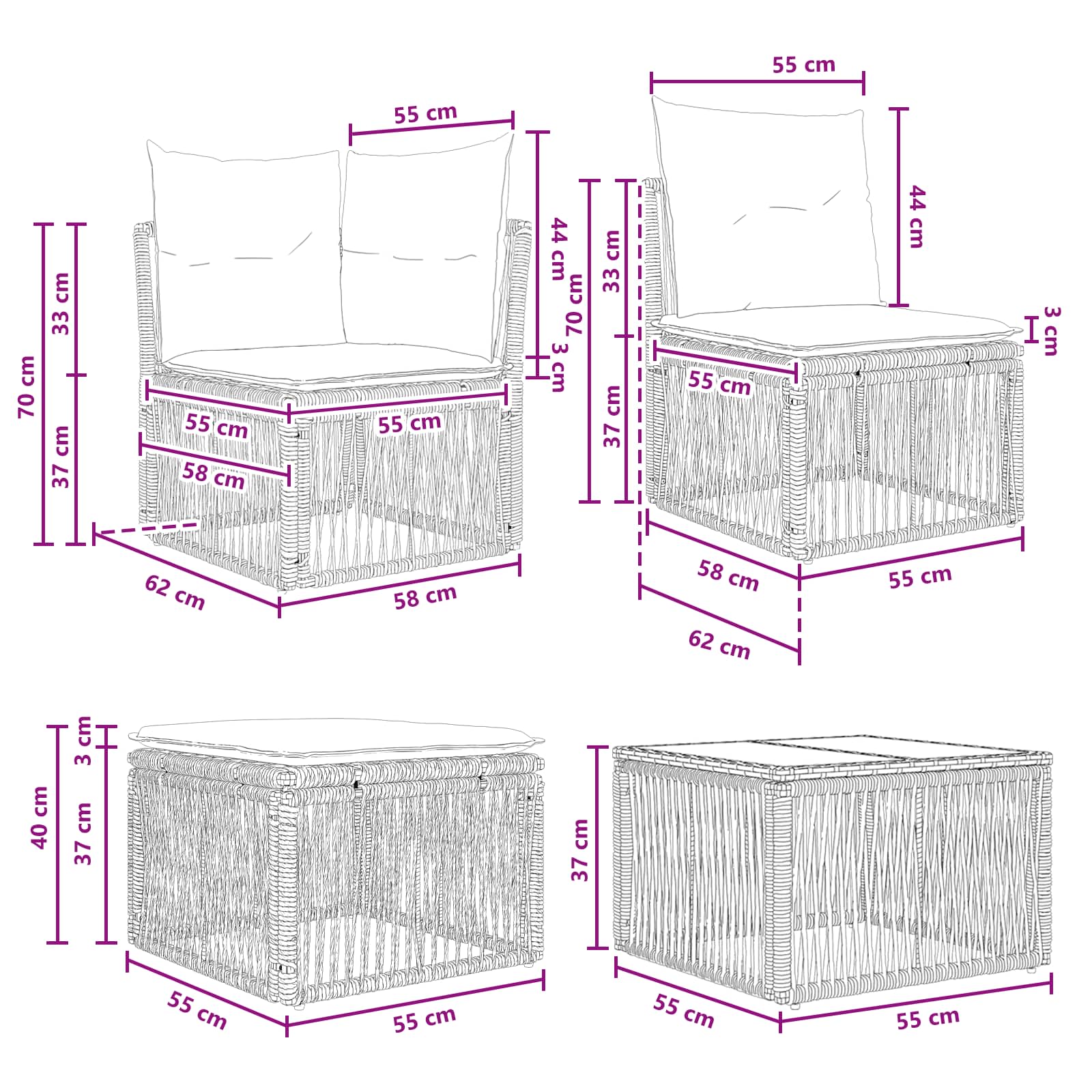 Gartensofa-set 6 stk. Schwarz Poly-Rattan